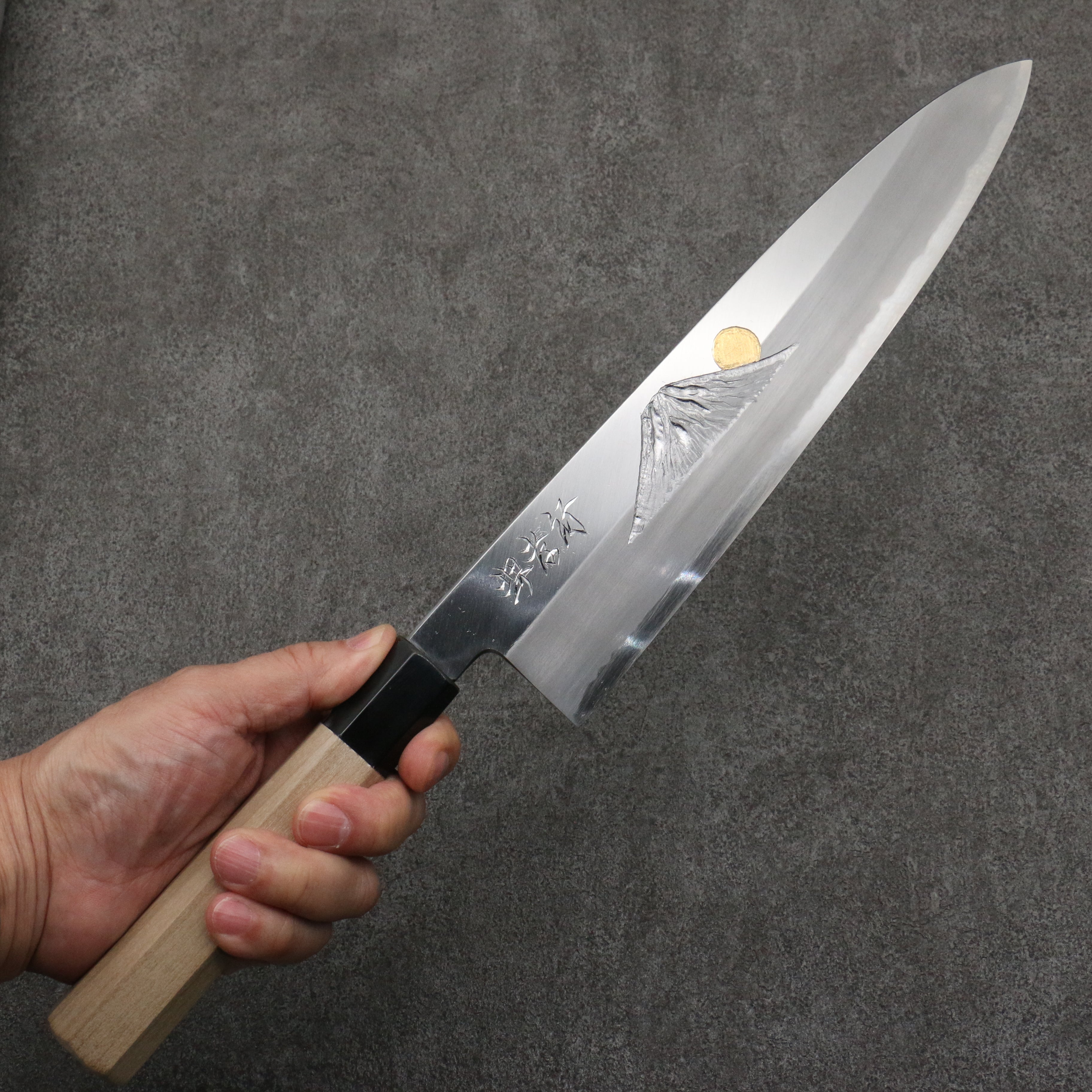 Sakai Takayuki Gold Filled Engraving by Kubota Fuji and Sunset Blue Steel No.2 Gyuto 270mm Magnolia (Ferrule: Water Buffalo Horn) Handle - Japanny - Best Japanese Knife