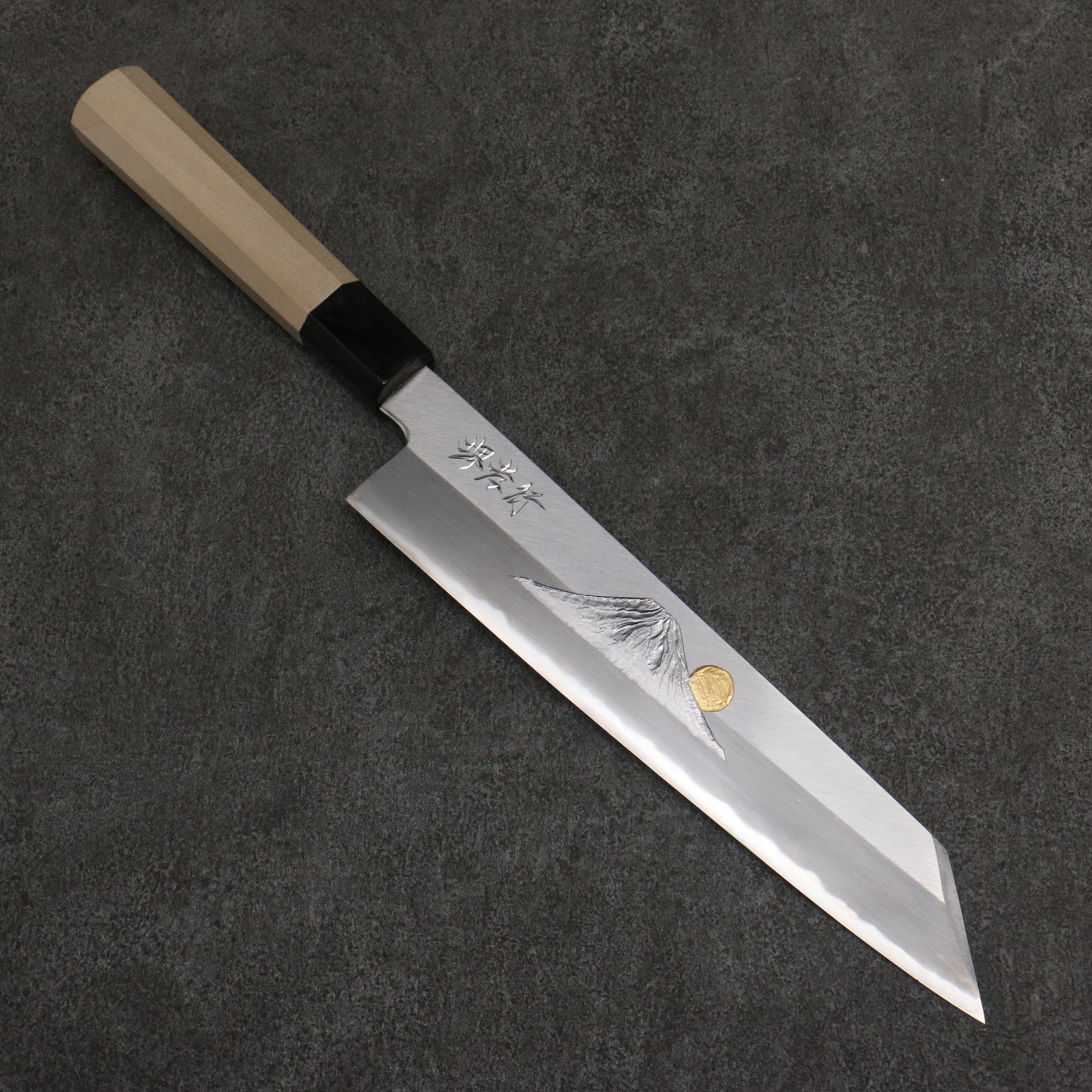 Sakai Takayuki Gold Filled Engraving by Kubota Fuji and Sunset Blue Steel No.2 Kiritsuke Gyuto 240mm Magnolia (Ferrule: Water Buffalo Horn) Handle - Japanny - Best Japanese Knife