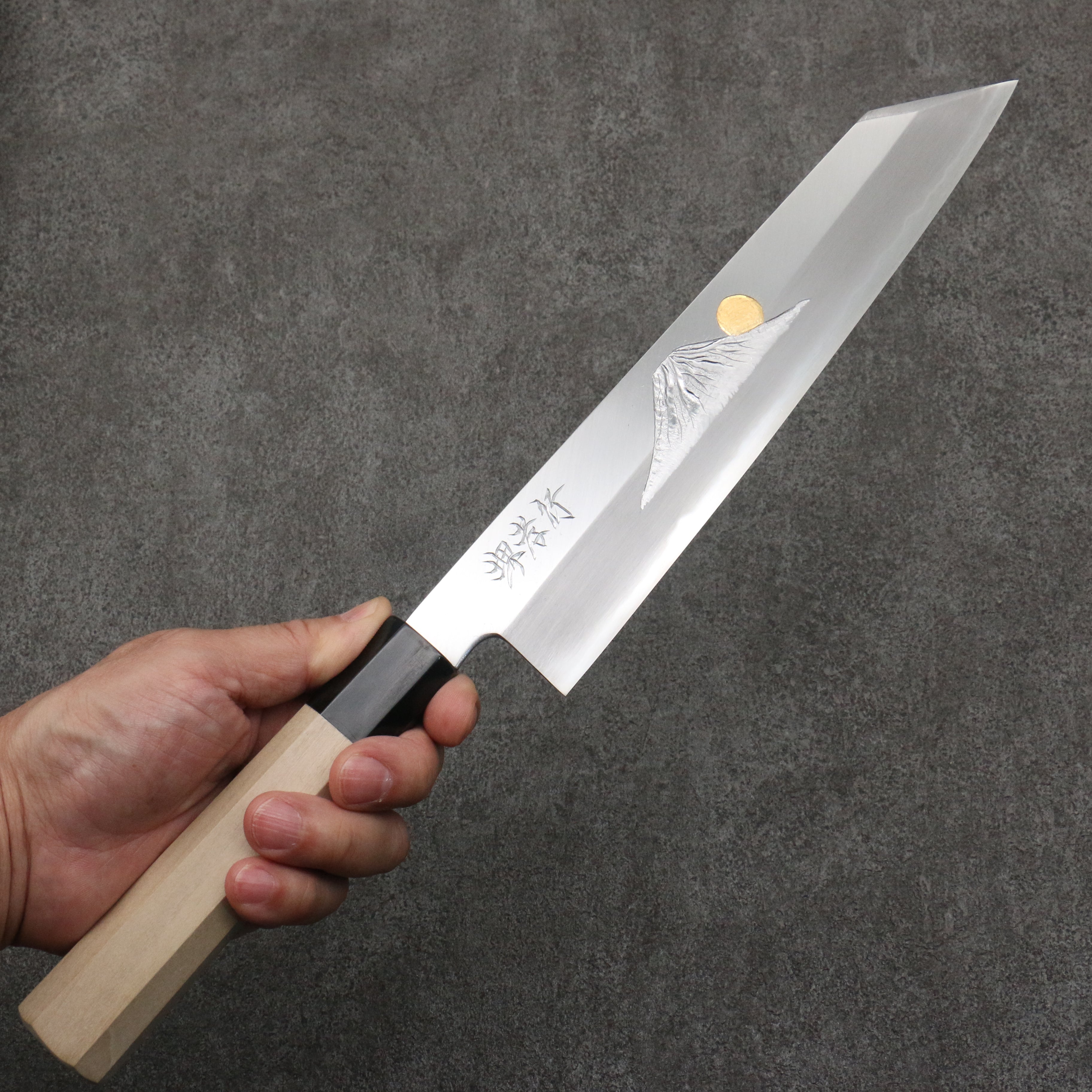 Sakai Takayuki Gold Filled Engraving by Kubota Fuji and Sunset Blue Steel No.2 Kiritsuke Gyuto 240mm Magnolia (Ferrule: Water Buffalo Horn) Handle - Japanny - Best Japanese Knife