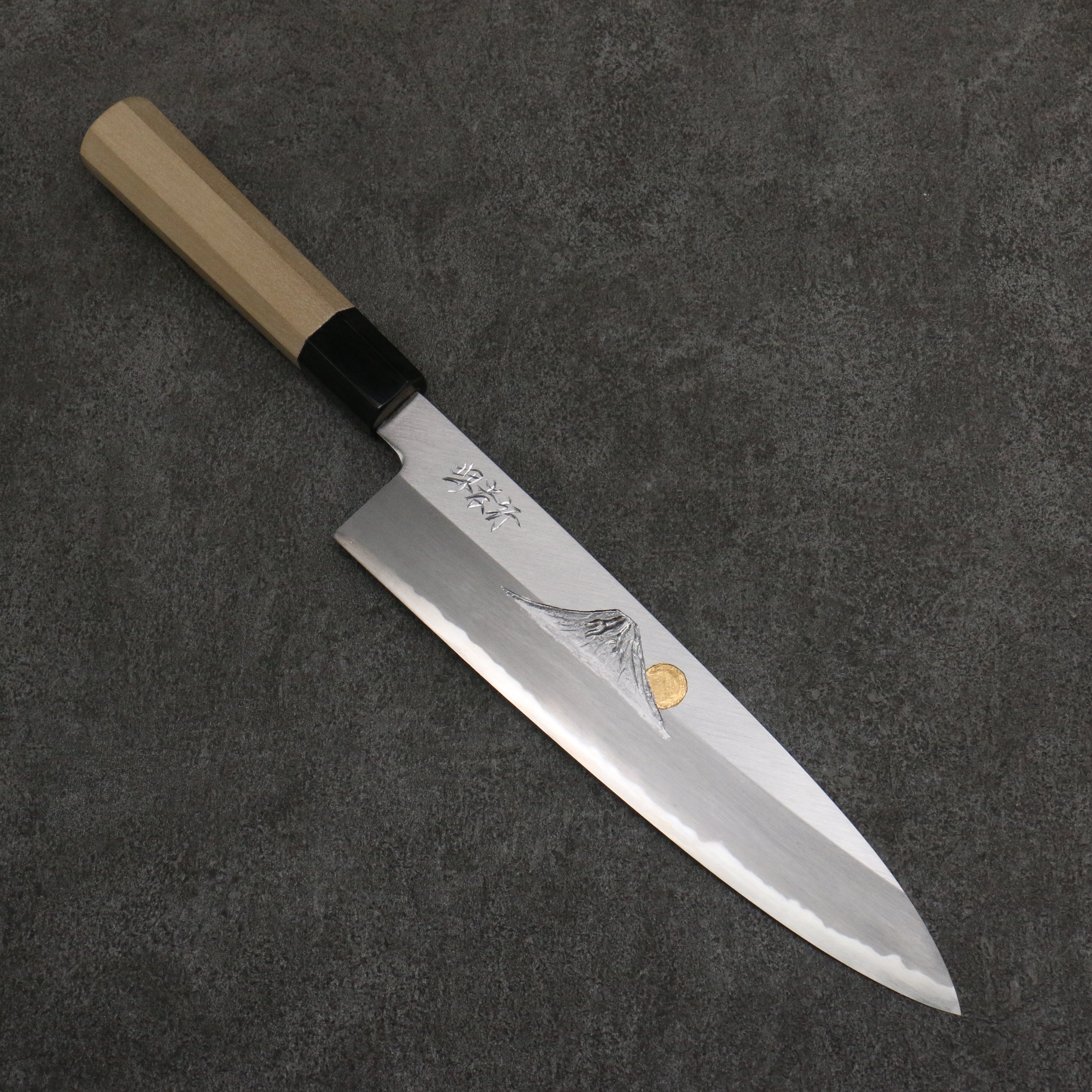 Sakai Takayuki Gold Filled Engraving by Kubota Fuji and Sunset Blue Steel No.2 Gyuto 240mm Magnolia (Ferrule: Water Buffalo Horn) Handle - Japanny - Best Japanese Knife