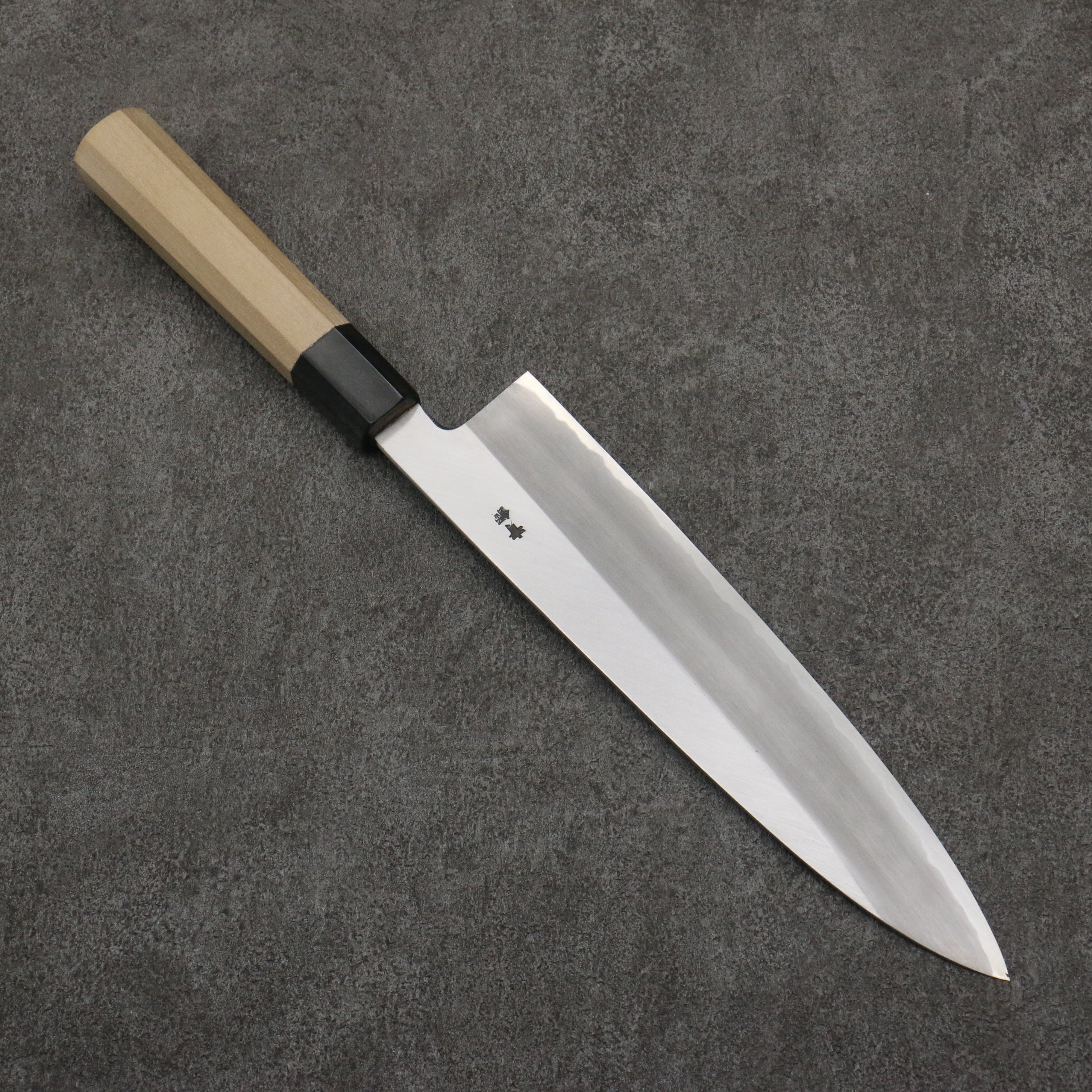 Sakai Takayuki Gold Filled Engraving by Kubota Fuji and Sunset Blue Steel No.2 Gyuto 240mm Magnolia (Ferrule: Water Buffalo Horn) Handle - Japanny - Best Japanese Knife