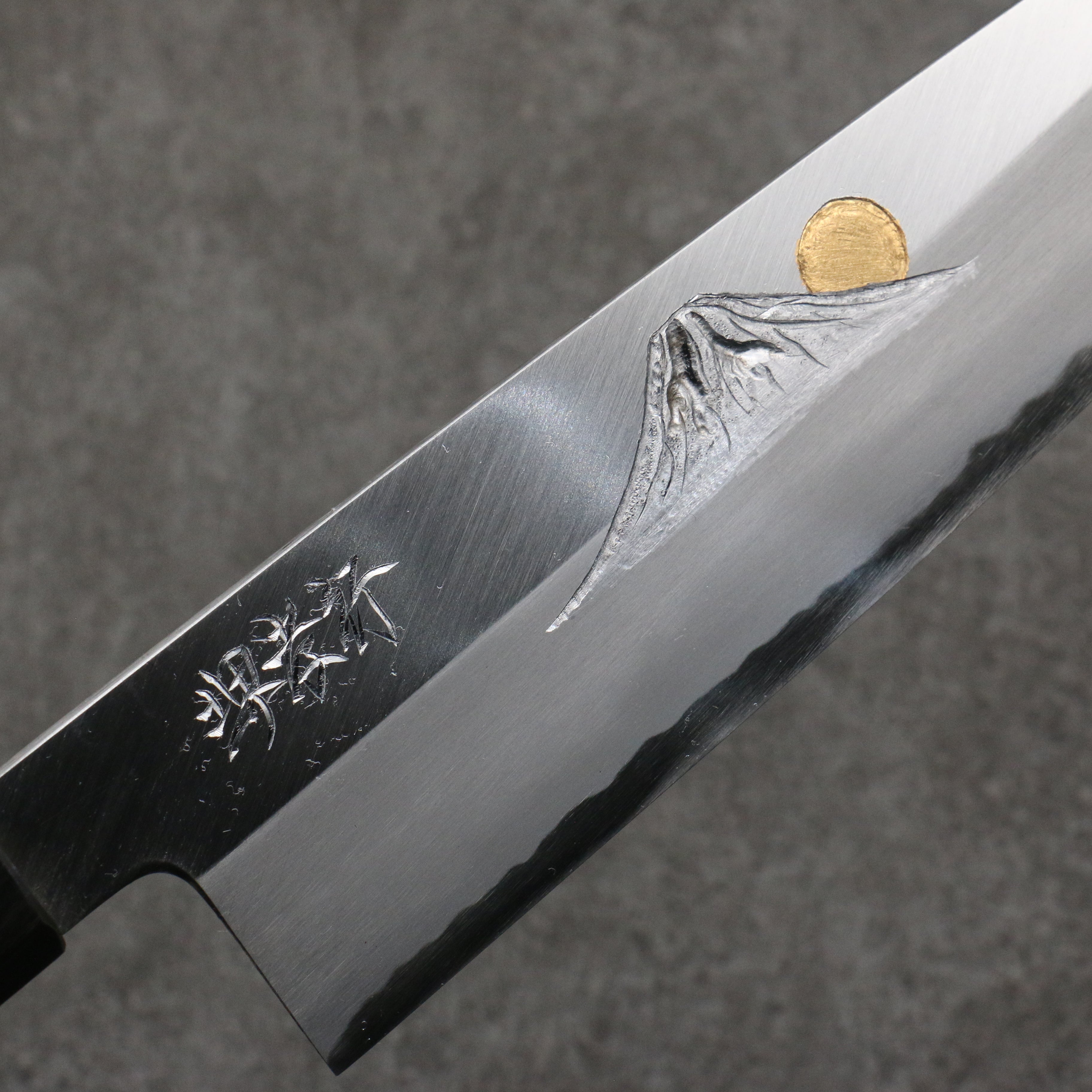 Sakai Takayuki Gold Filled Engraving by Kubota Fuji and Sunset Blue Steel No.2 Gyuto 240mm Magnolia (Ferrule: Water Buffalo Horn) Handle - Japanny - Best Japanese Knife