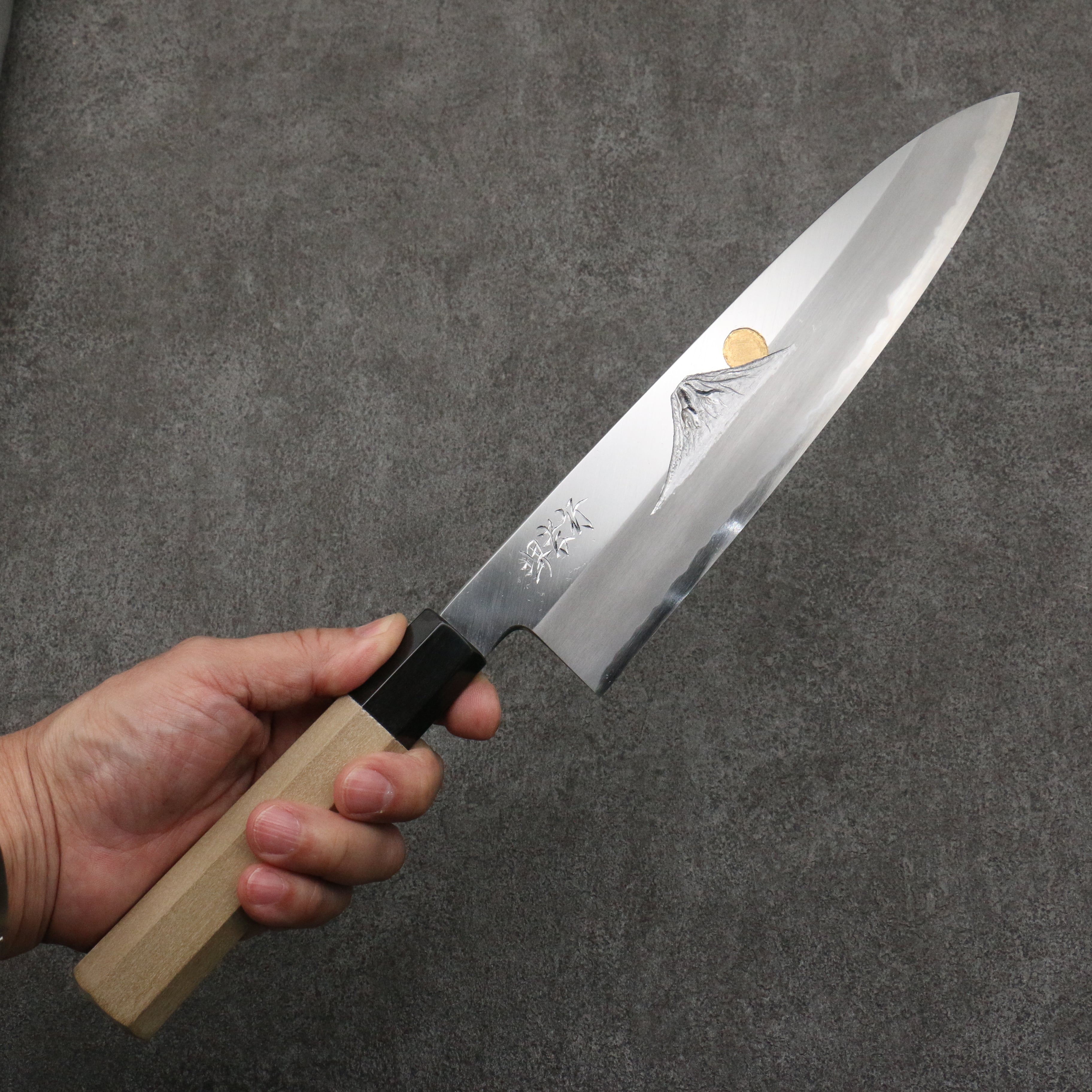 Sakai Takayuki Gold Filled Engraving by Kubota Fuji and Sunset Blue Steel No.2 Gyuto 240mm Magnolia (Ferrule: Water Buffalo Horn) Handle - Japanny - Best Japanese Knife