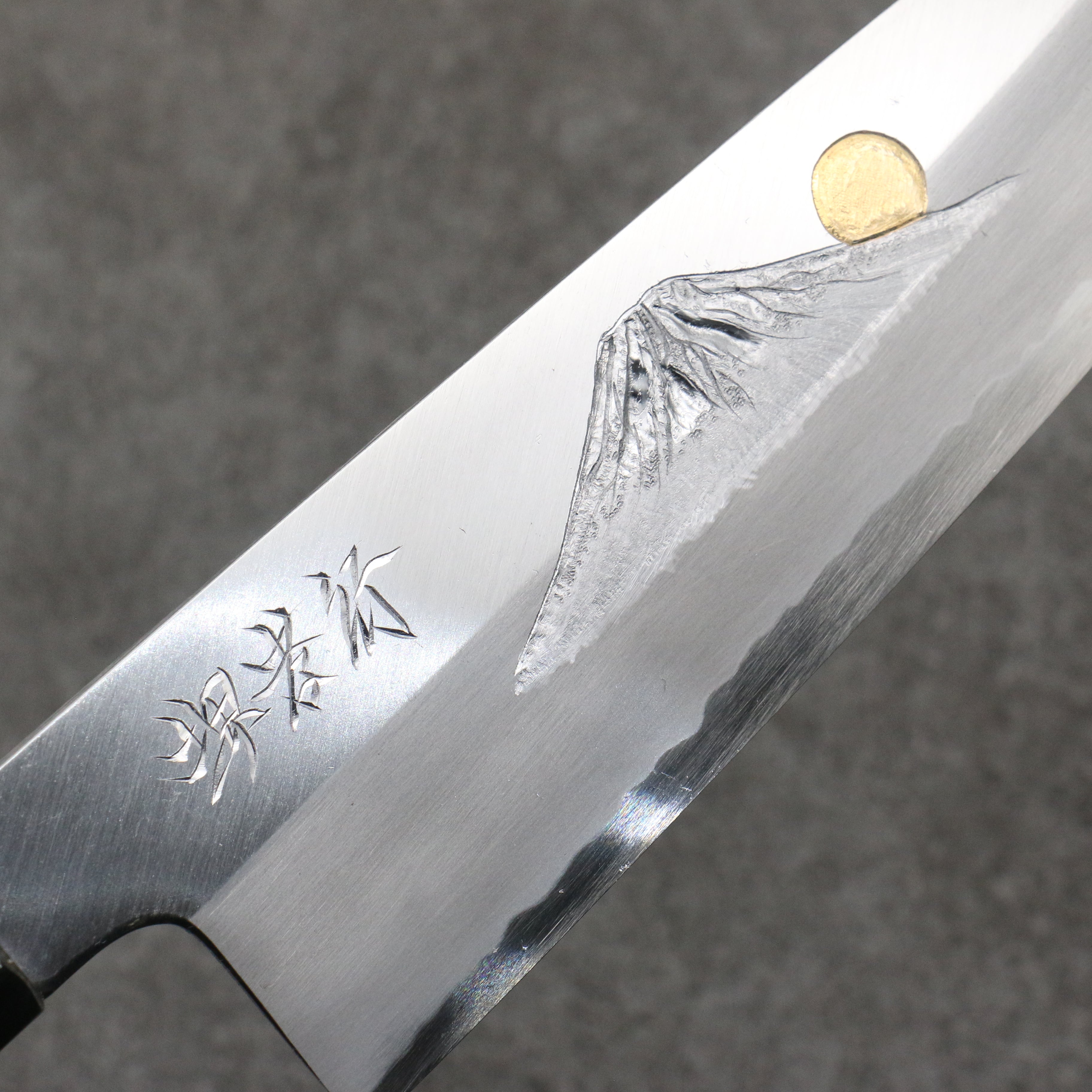 Sakai Takayuki Gold Filled Engraving by Kubota Fuji and Sunset Blue Steel No.2 Gyuto 210mm Magnolia (Ferrule: Water Buffalo Horn) Handle - Japanny - Best Japanese Knife