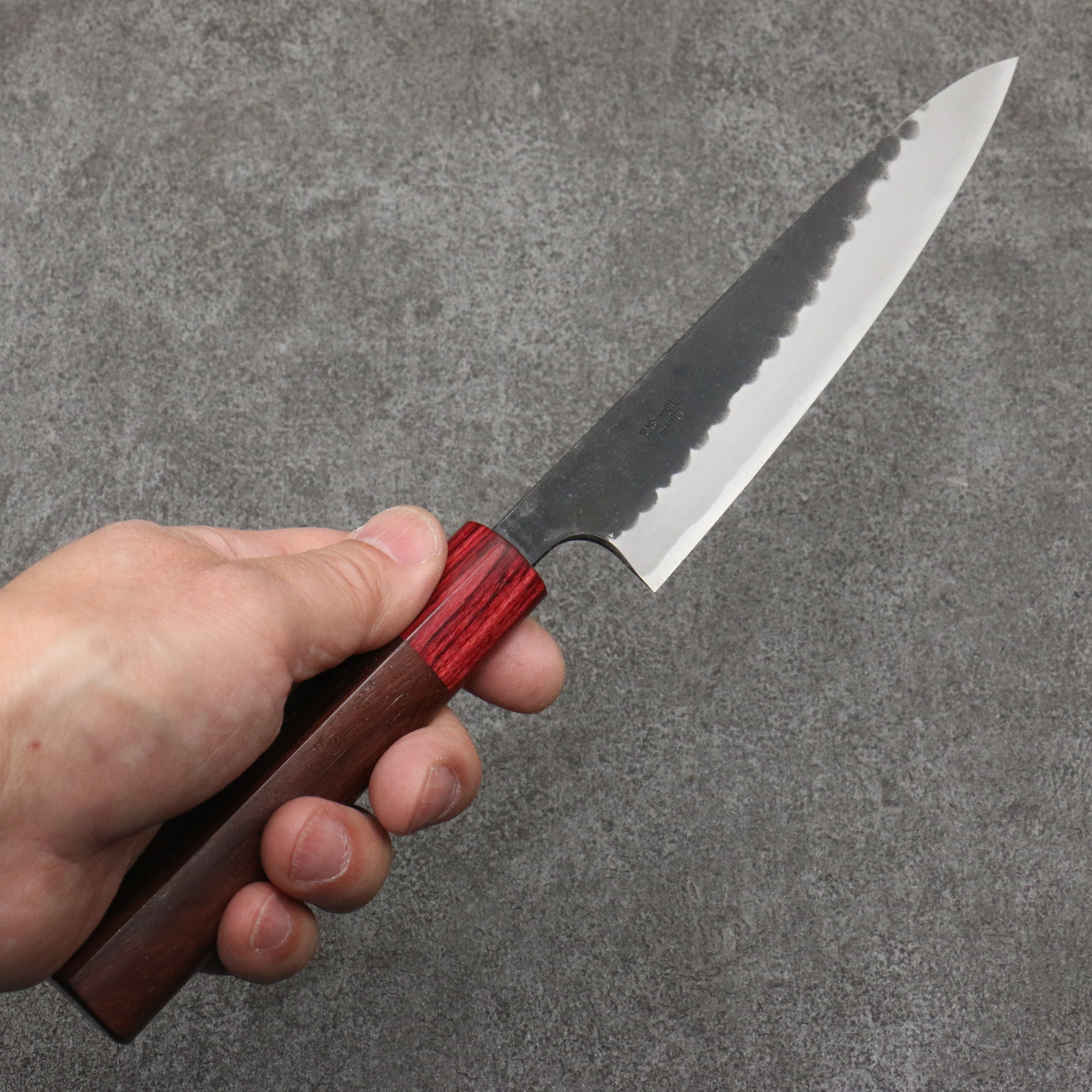 Nao Yamamoto Blue Steel Kurouchi Petty-Utility 135mm Shitan (ferrule: Red Pakka wood) Handle - Japanny - Best Japanese Knife