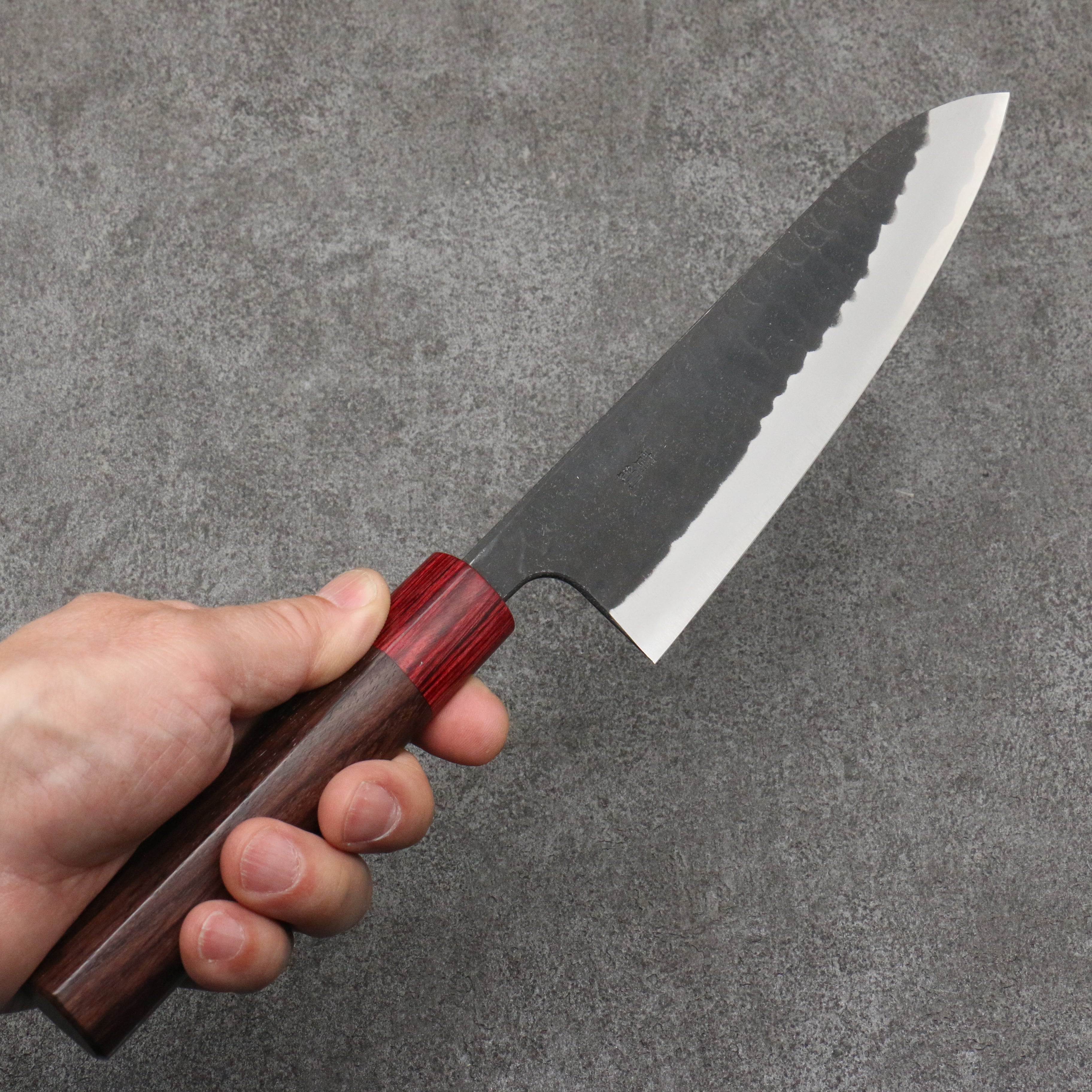 Nao Yamamoto Blue Steel Kurouchi Gyuto 180mm Shitan (ferrule: Red Pakka wood) Handle - Japanny - Best Japanese Knife