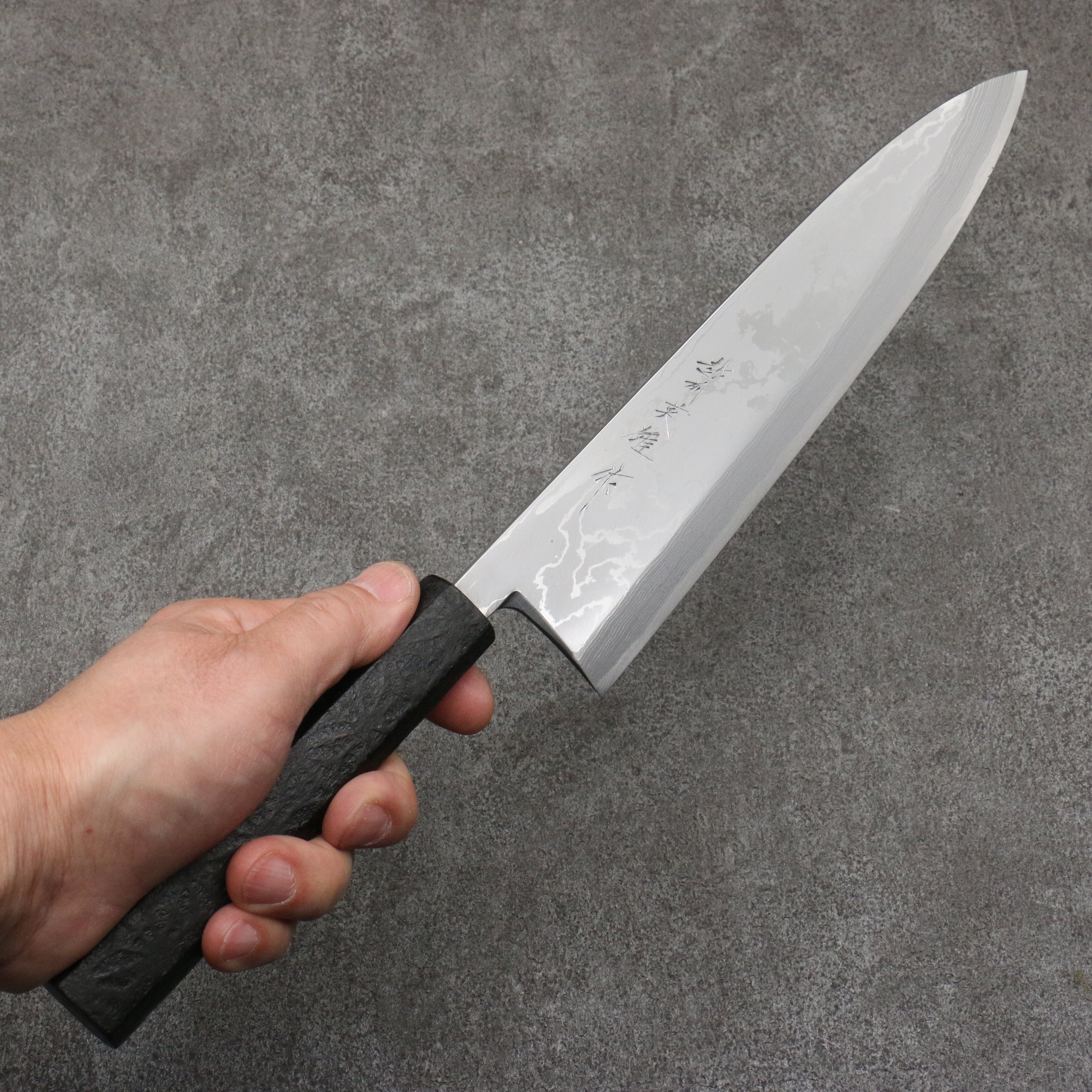 Hideo Kitaoka White Steel No.2 Damascus Mioroshi Deba 240mm Black Washi Wrapped Handle - Japanny - Best Japanese Knife