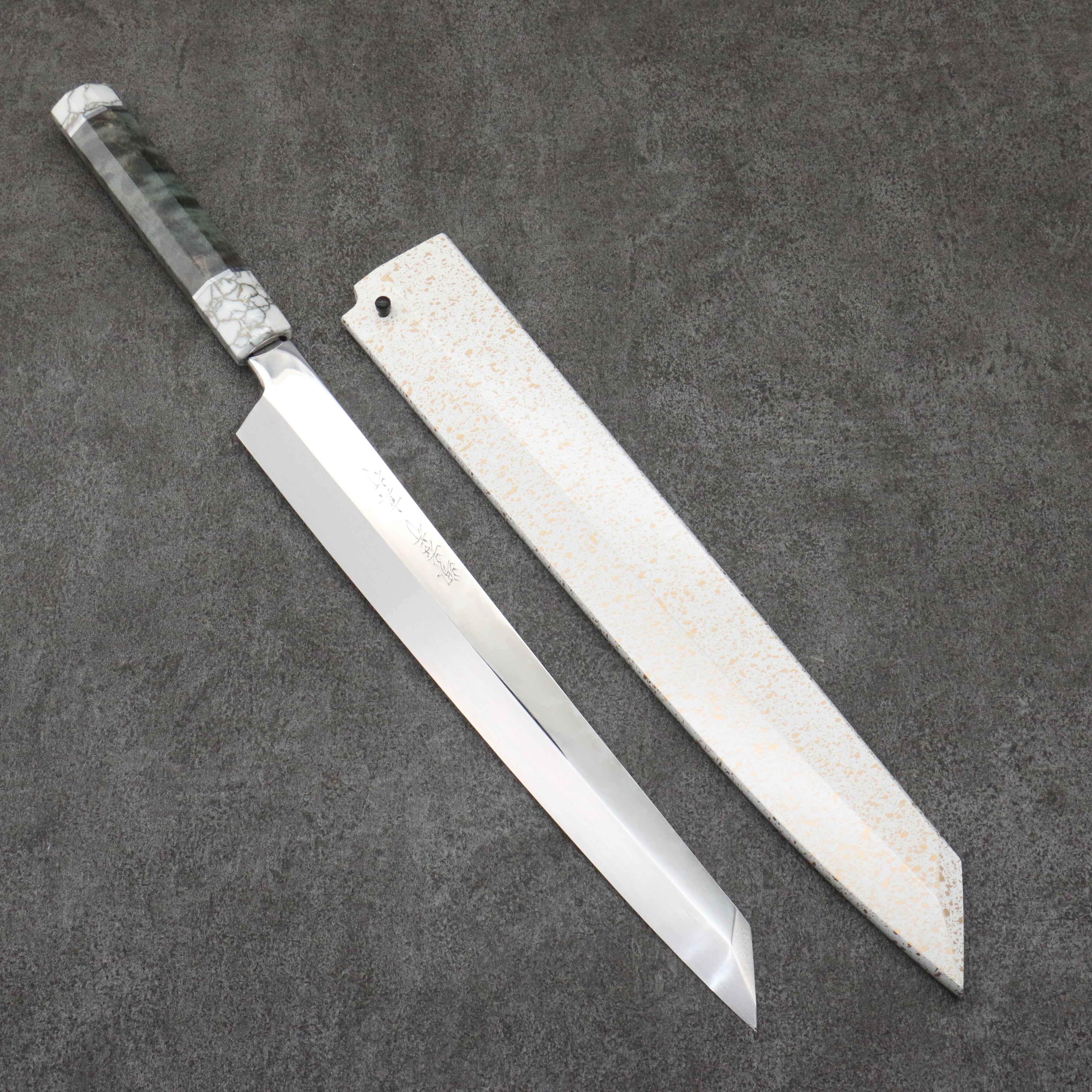 Sakai Takayuki Hien White Steel No.2 Honyaki Kiritsuke Yanagiba 300mm Stabilized wood (White Ferrule and End Cap) Handle with Sheath - Japanny - Best Japanese Knife