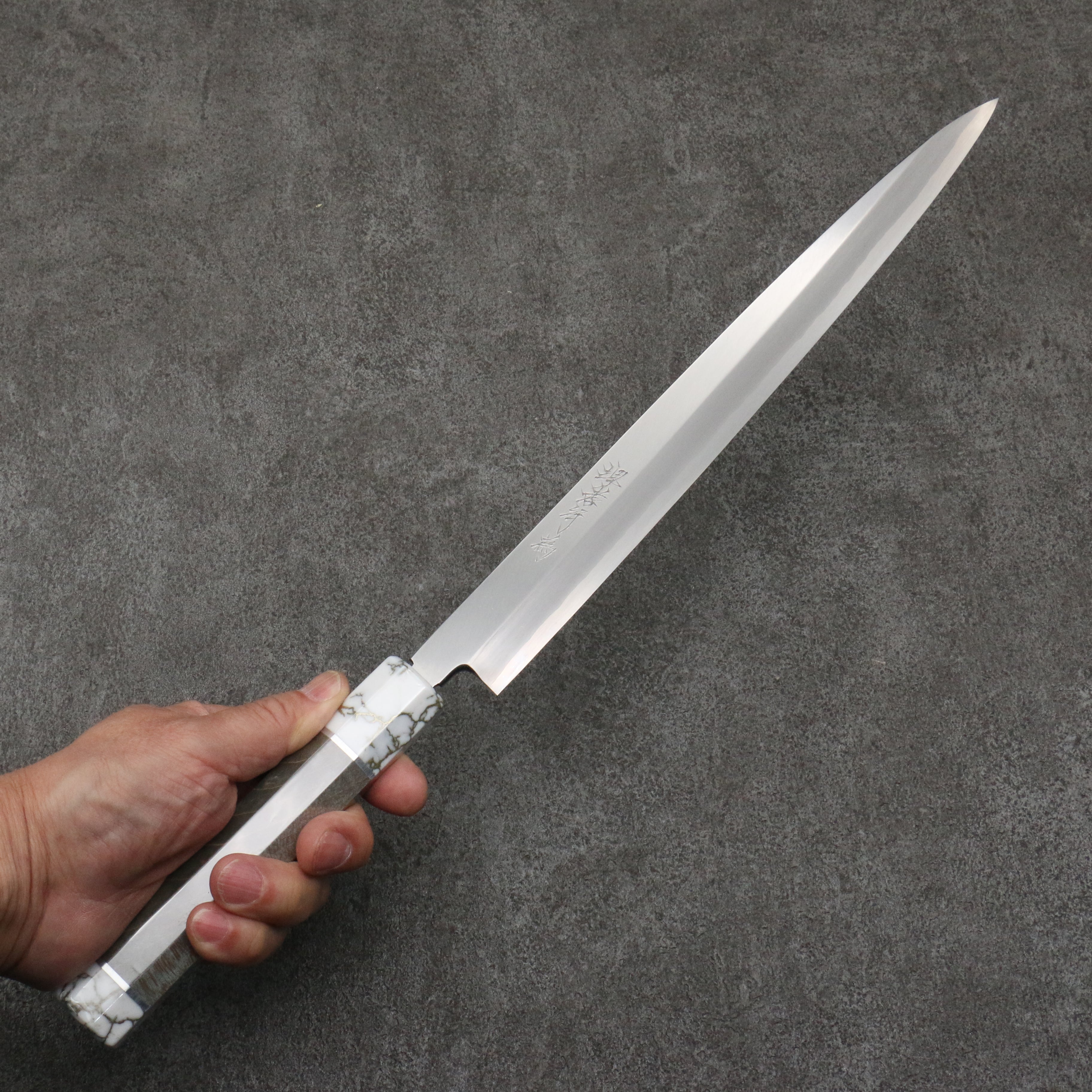 Sakai Takayuki Chef Series Silver Steel No.3 Fuguhiki 300mm Stabilized wood (White Ferrule and End Cap) Handle with Sheath - Japanny - Best Japanese Knife