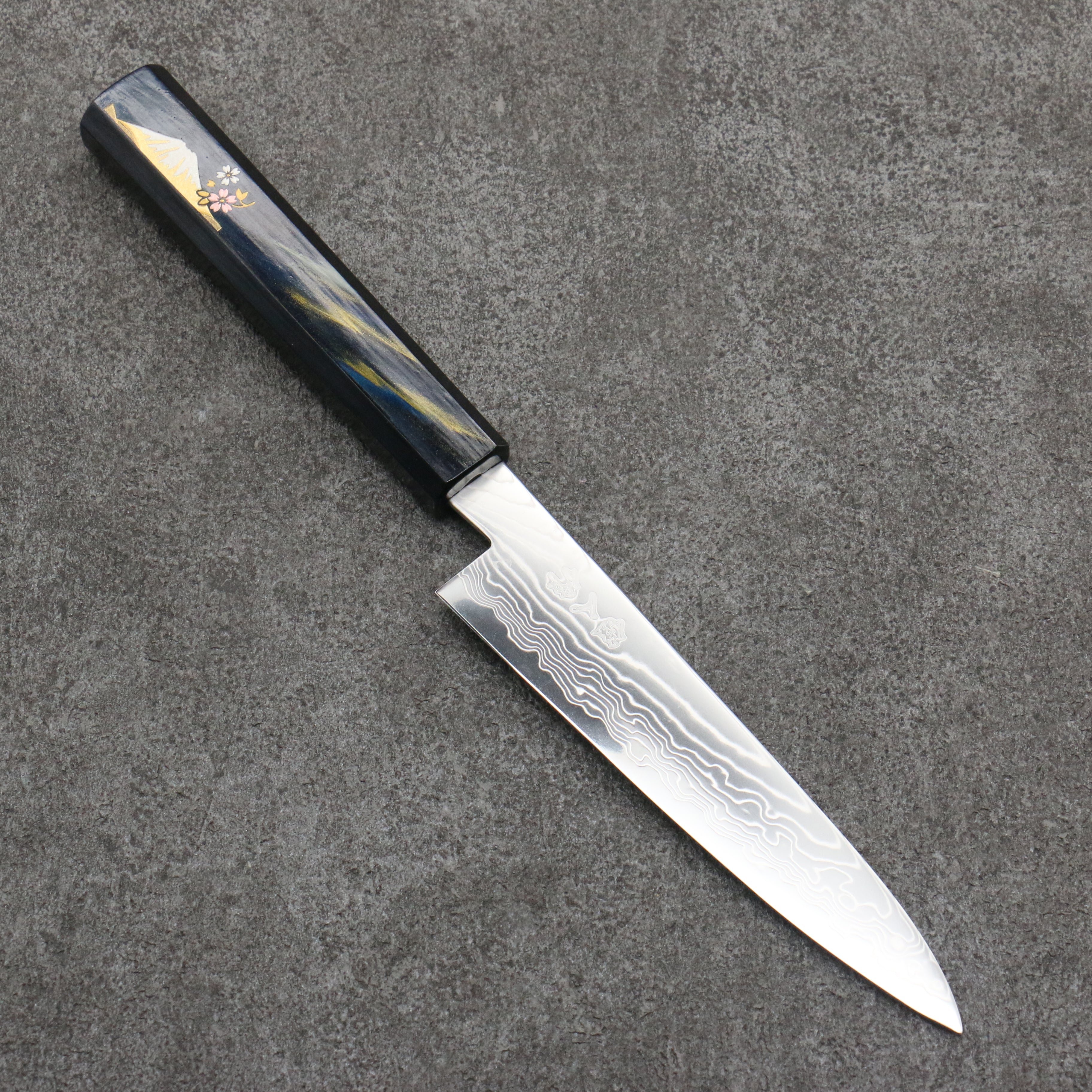 Kajin Cobalt Special Steel Damascus Petty-Utility 135mm Dark Blue and Gold with Fuji Lacquered Handle - Japanny - Best Japanese Knife