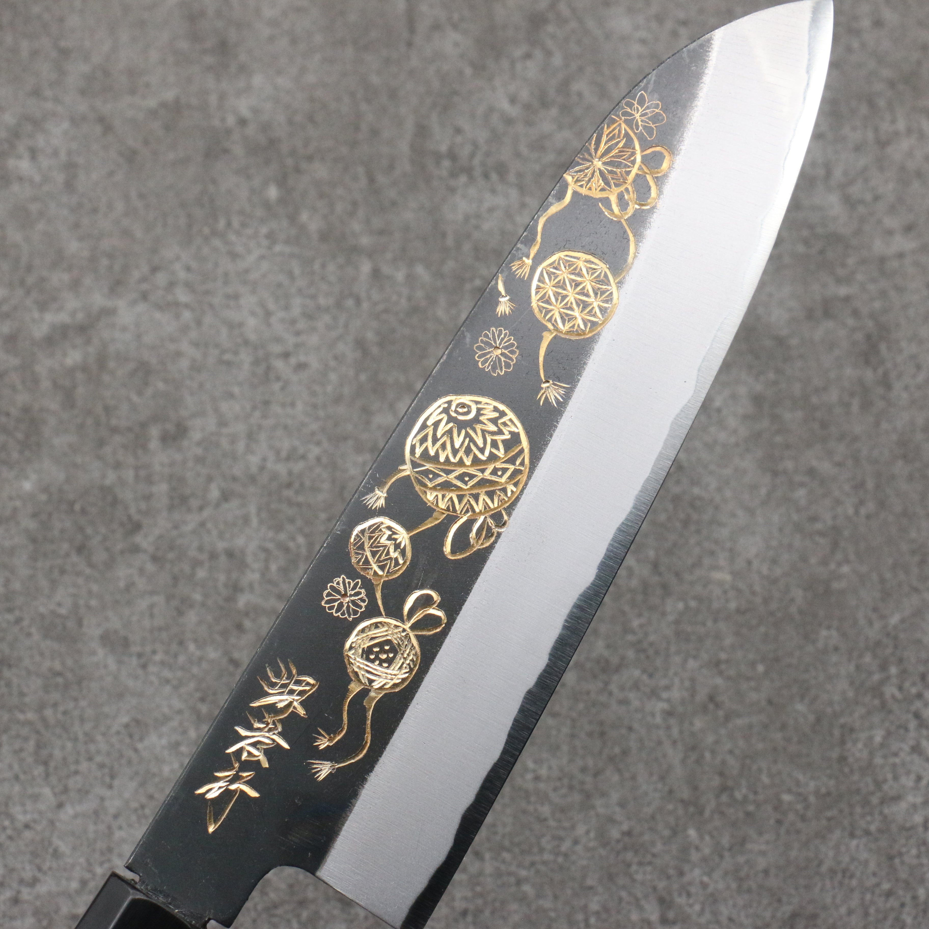 Sakai Takayuki Gold Filled Engraving by Kubota Temari White Steel No.2 Black Finished Santoku 180mm Ebony Wood Handle - Japanny - Best Japanese Knife