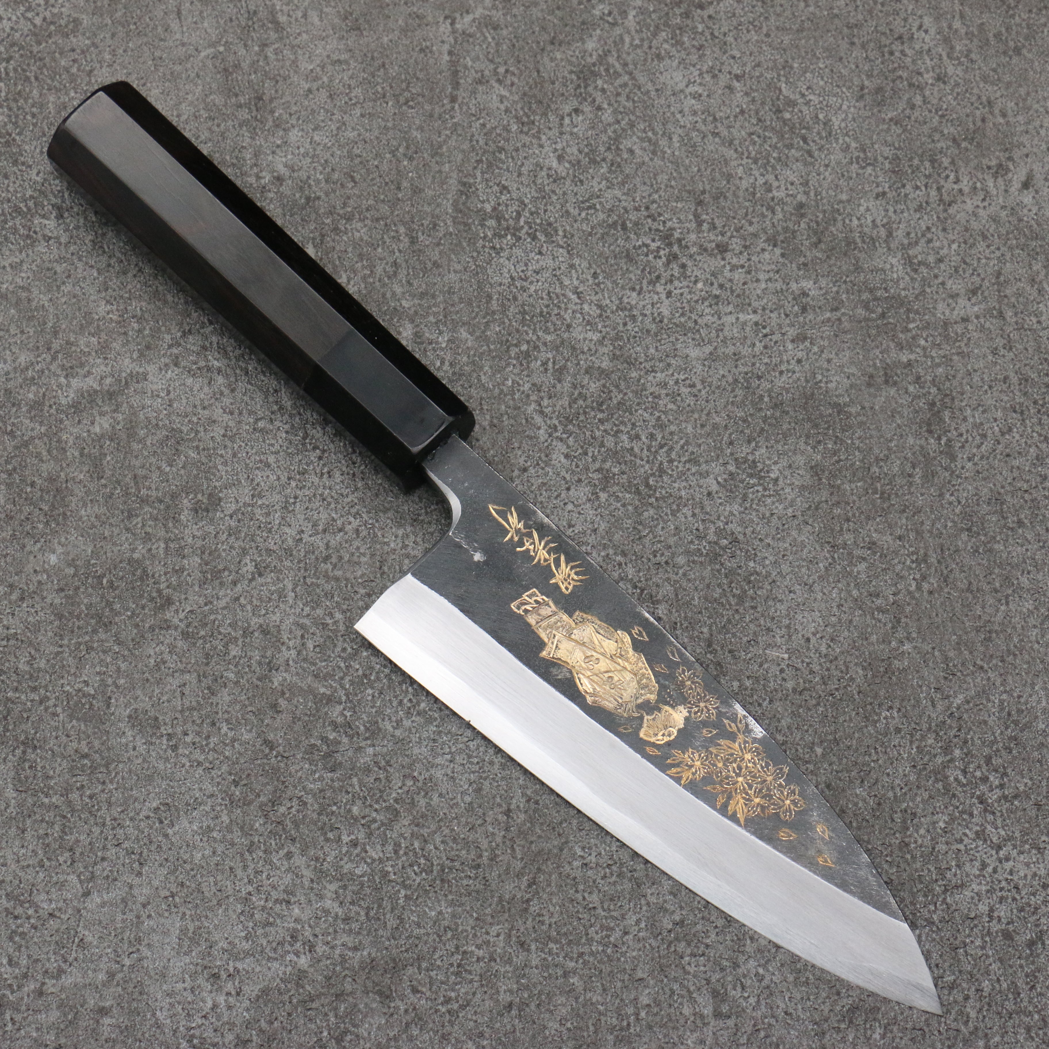 Sakai Takayuki Gold Filled Engraving by Kubota Maiko and Sakura White Steel No.2 Black Finished Deba 150mm Ebony Wood Handle - Japanny - Best Japanese Knife