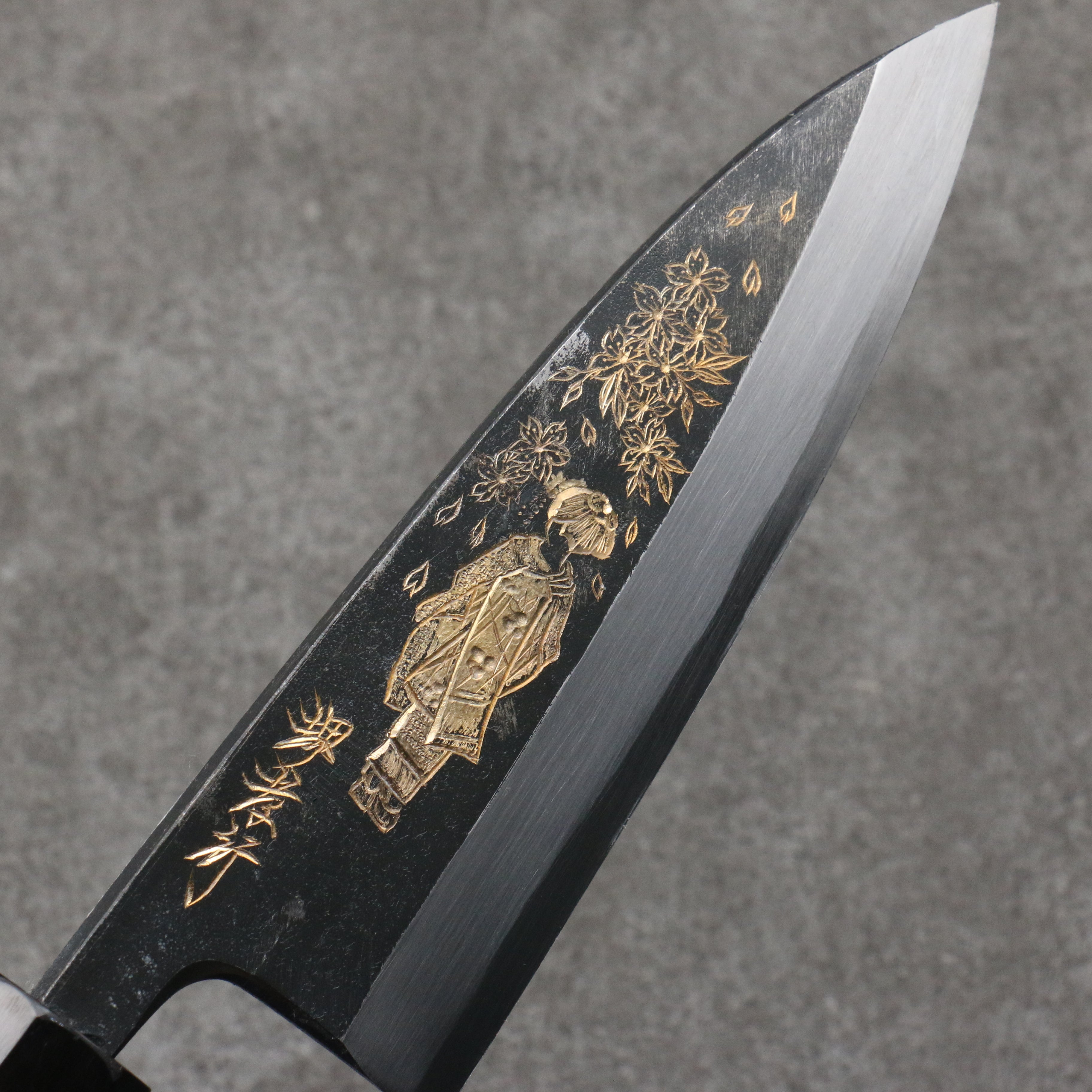 Sakai Takayuki Gold Filled Engraving by Kubota Maiko and Sakura White Steel No.2 Black Finished Deba 150mm Ebony Wood Handle - Japanny - Best Japanese Knife