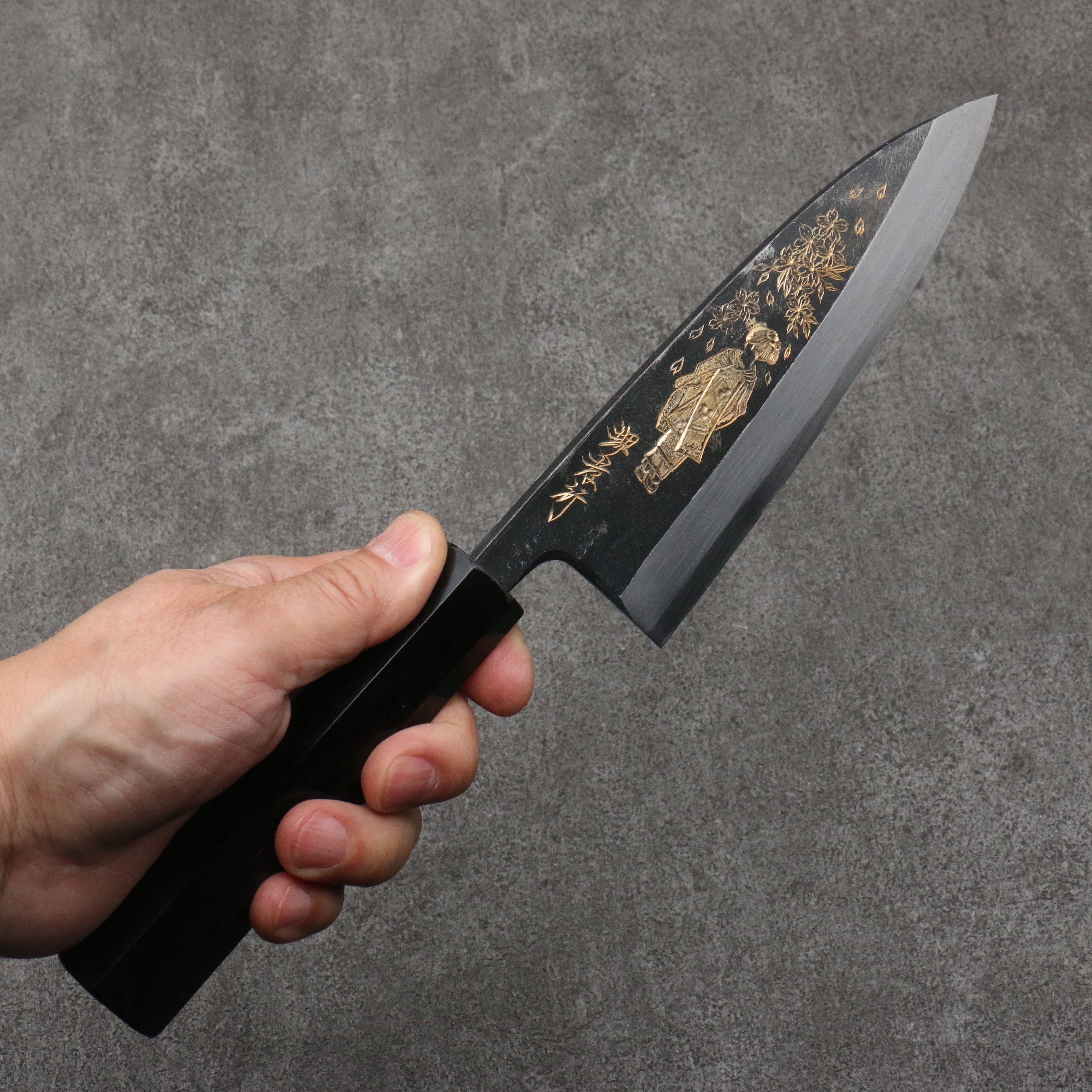 Sakai Takayuki Gold Filled Engraving by Kubota Maiko and Sakura White Steel No.2 Black Finished Deba 150mm Ebony Wood Handle - Japanny - Best Japanese Knife