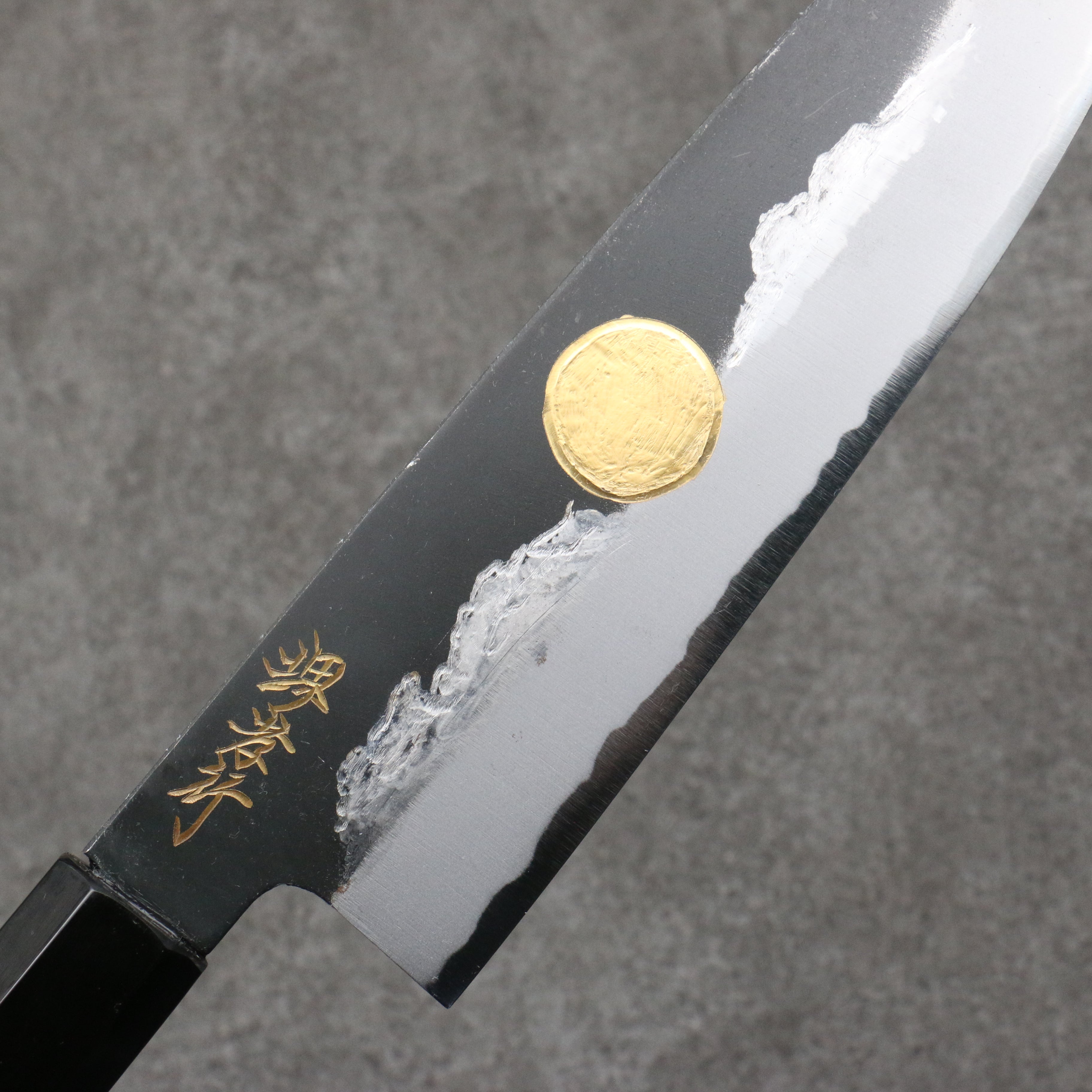 Sakai Takayuki Gold Filled Engraving by Kubota Jyurokuya White Steel No.2 Black Finished Santoku 180mm Ebony Wood Handle - Japanny - Best Japanese Knife