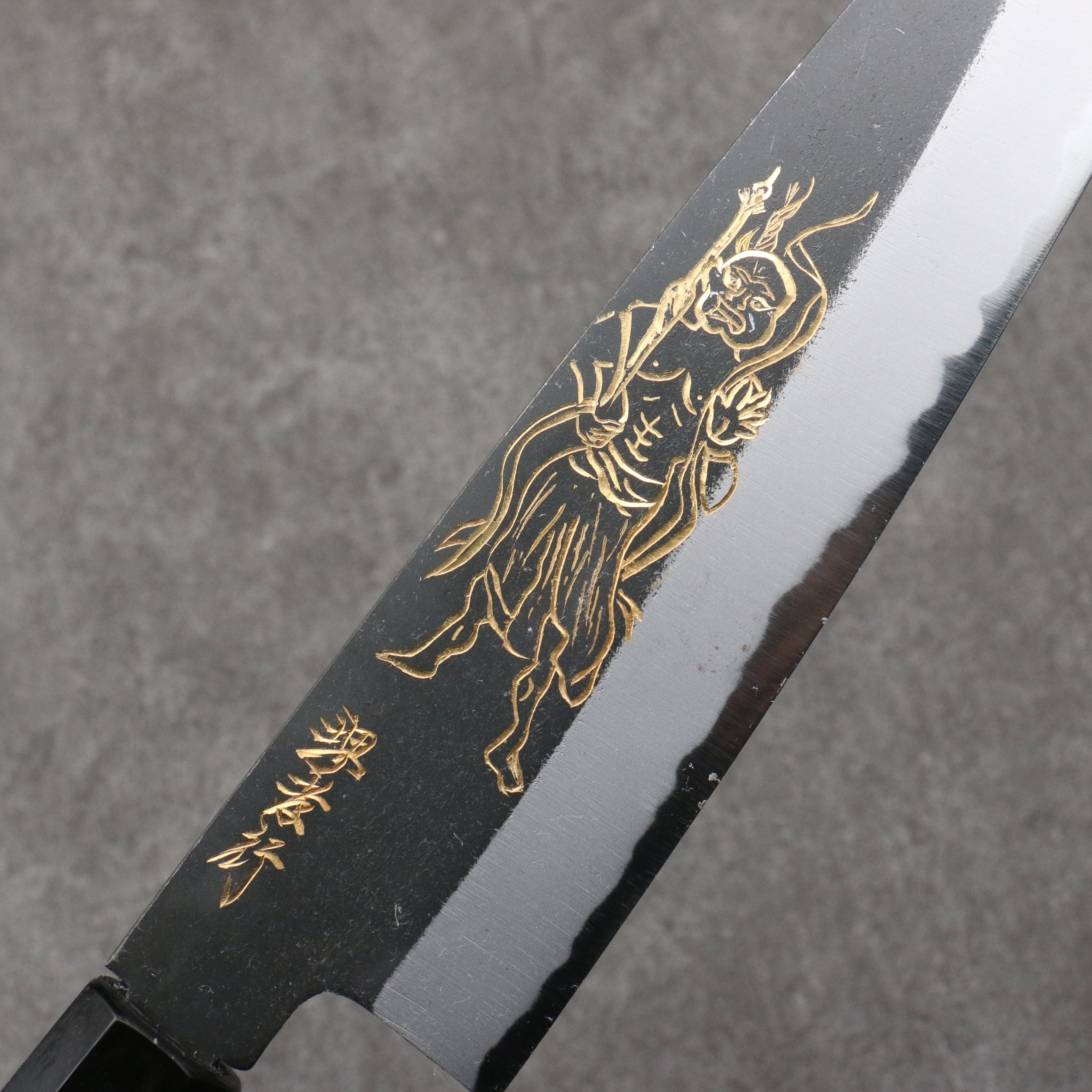 Sakai Takayuki Gold Filled Engraving by Kubota Kongourikishi White Steel No.2 Black Finished Gyuto 210mm Ebony Wood Handle - Japanny - Best Japanese Knife