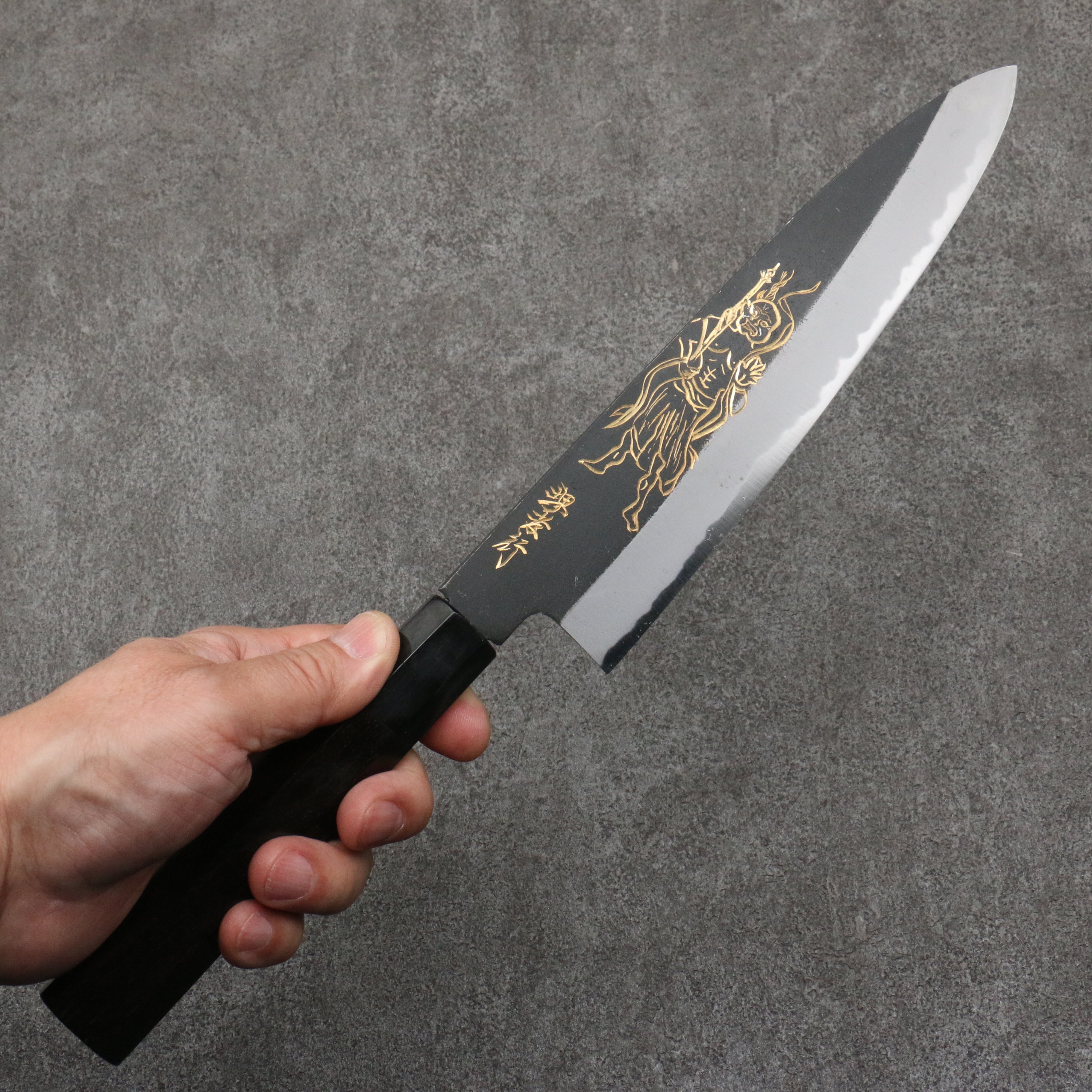 Sakai Takayuki Gold Filled Engraving by Kubota Kongourikishi White Steel No.2 Black Finished Gyuto 210mm Ebony Wood Handle - Japanny - Best Japanese Knife