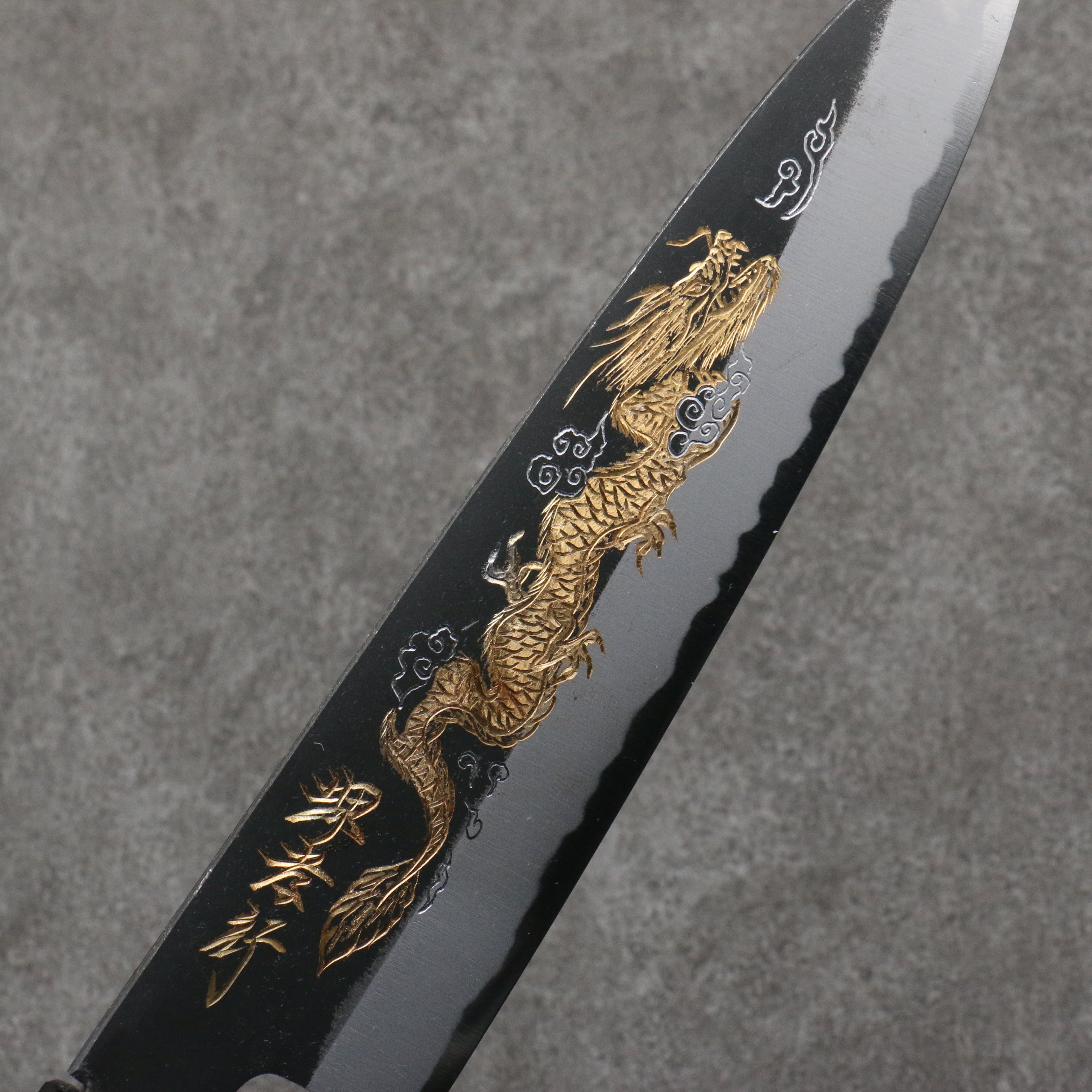 Sakai Takayuki Gold Filled Engraving by Kubota Unryu White Steel No.2 Black Finished Gyuto 210mm Ebony Wood Handle - Japanny - Best Japanese Knife