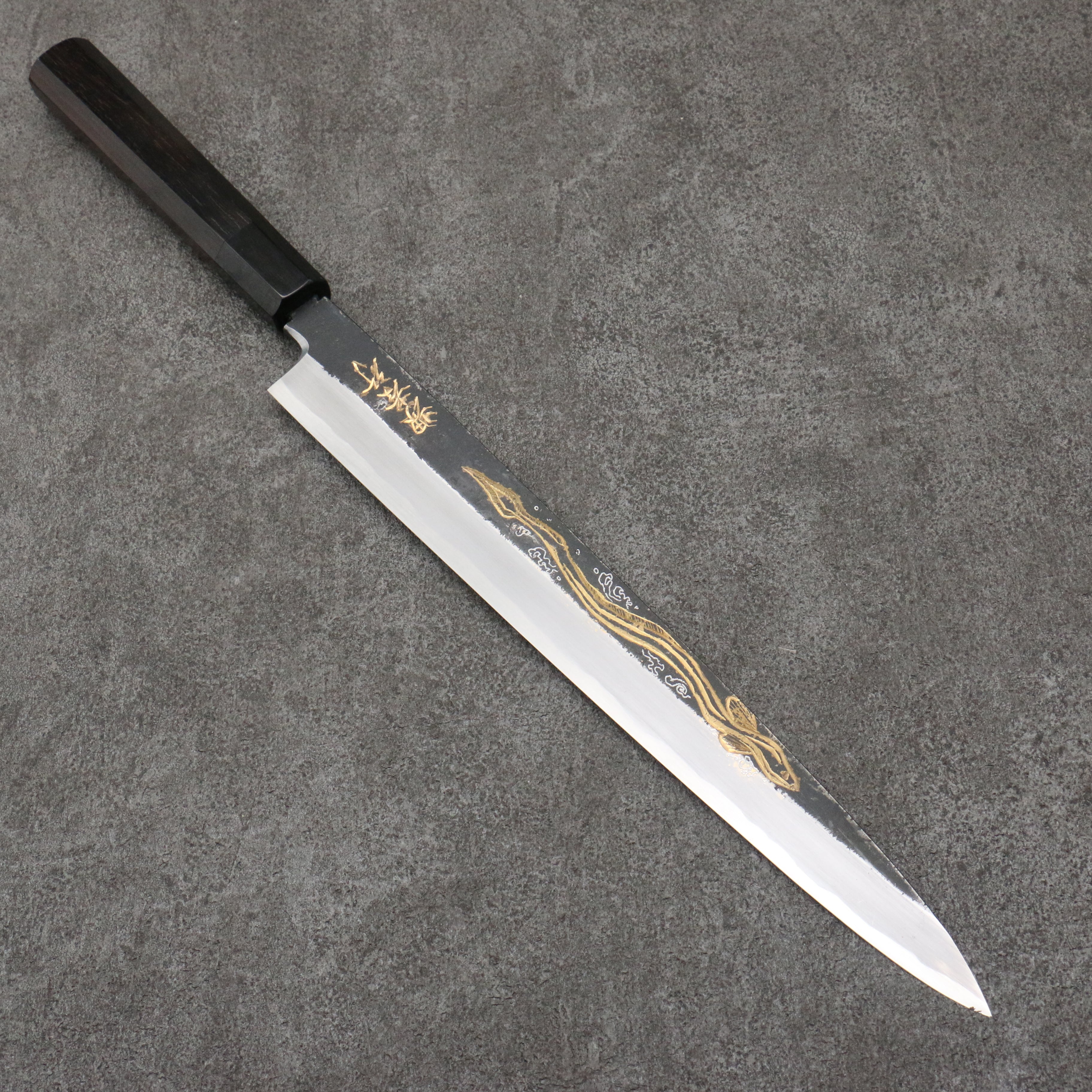 Sakai Takayuki Gold Filled Engraving by Kubota Unagi White Steel No.2 Black Finished Yanagiba 300mm Ebony Wood Handle - Japanny - Best Japanese Knife