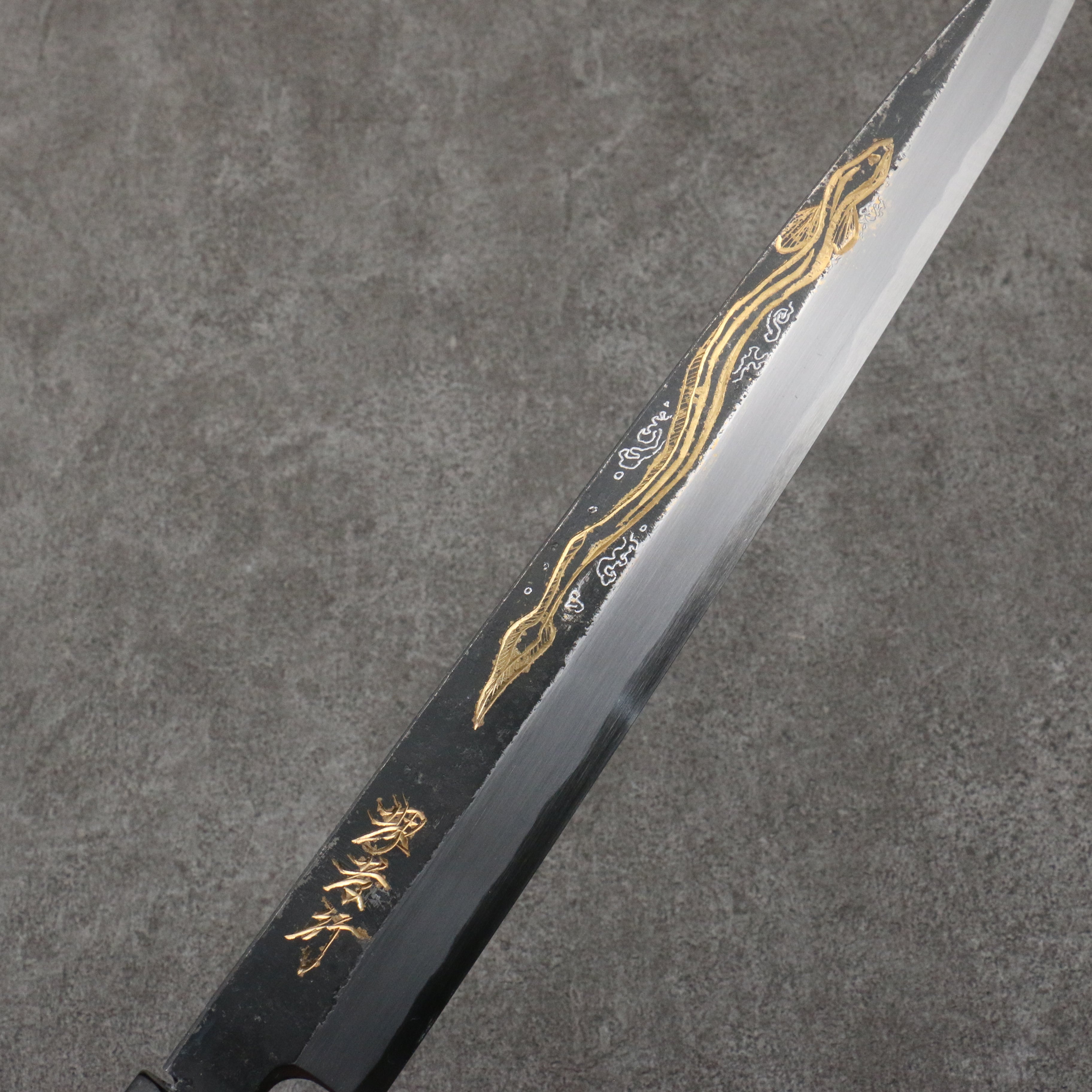 Sakai Takayuki Gold Filled Engraving by Kubota Unagi White Steel No.2 Black Finished Yanagiba 300mm Ebony Wood Handle - Japanny - Best Japanese Knife