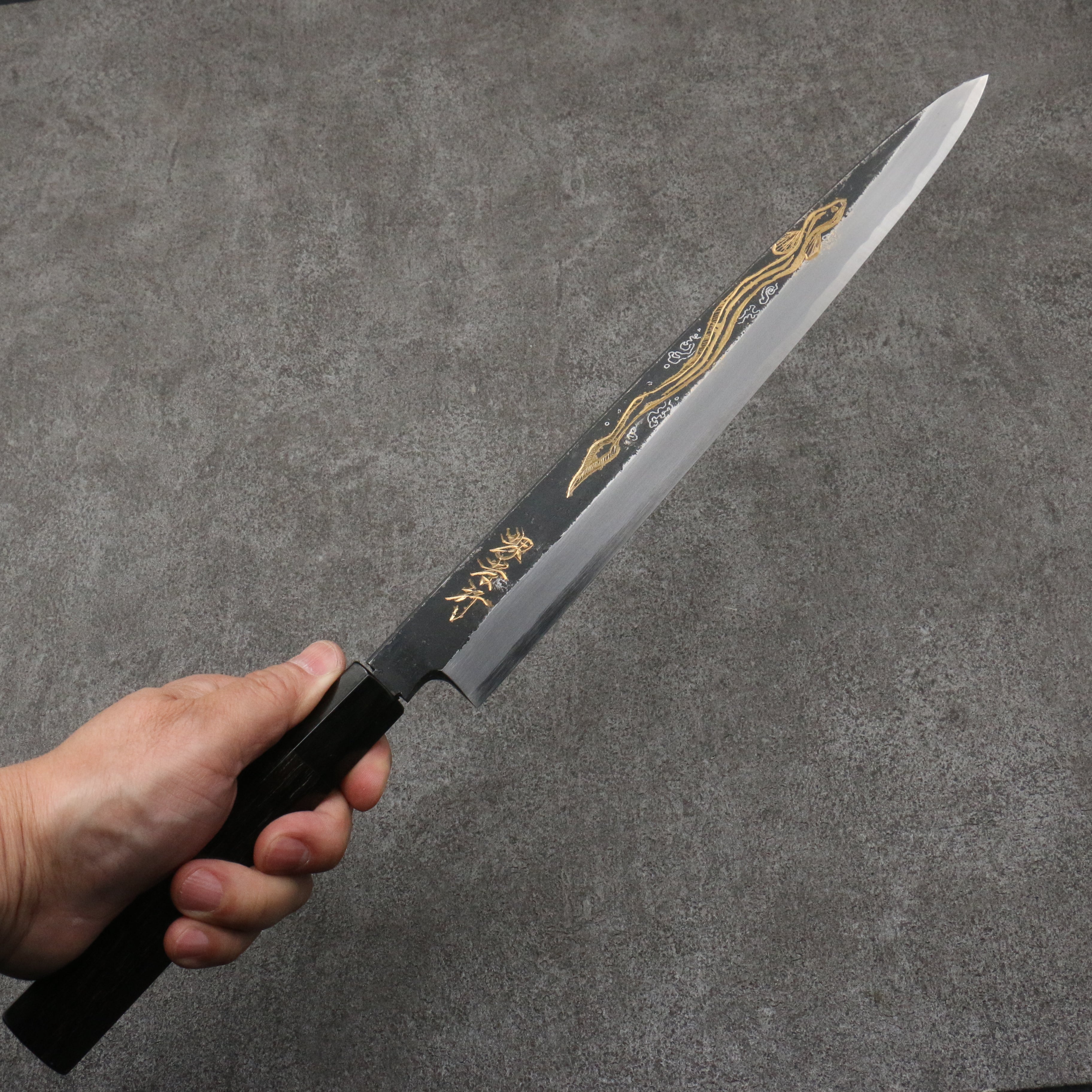 Sakai Takayuki Gold Filled Engraving by Kubota Unagi White Steel No.2 Black Finished Yanagiba 300mm Ebony Wood Handle - Japanny - Best Japanese Knife