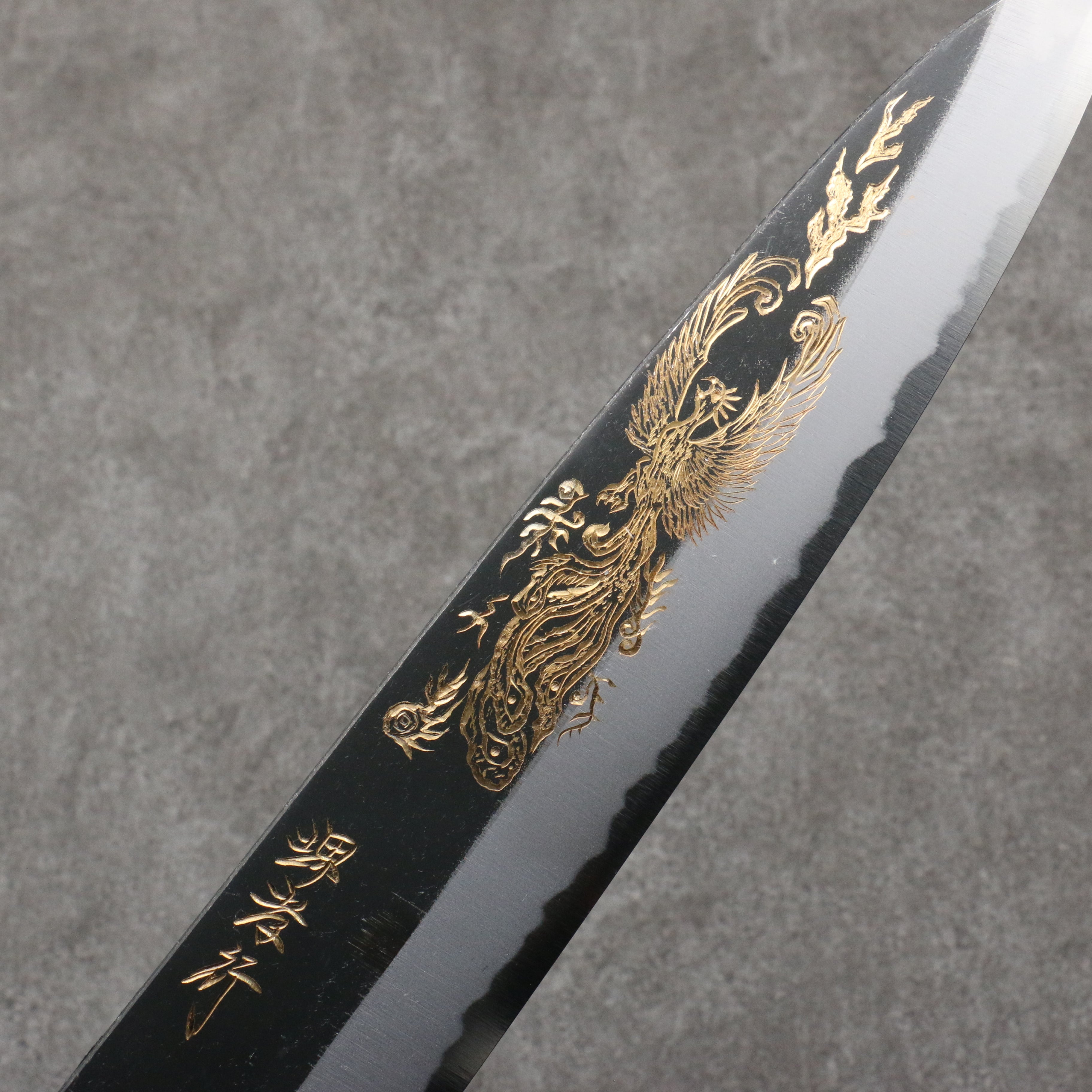 Sakai Takayuki Gold Filled Engraving by Kubota Houou White Steel No.2 Black Finished Gyuto 240mm Ebony Wood Handle - Japanny - Best Japanese Knife