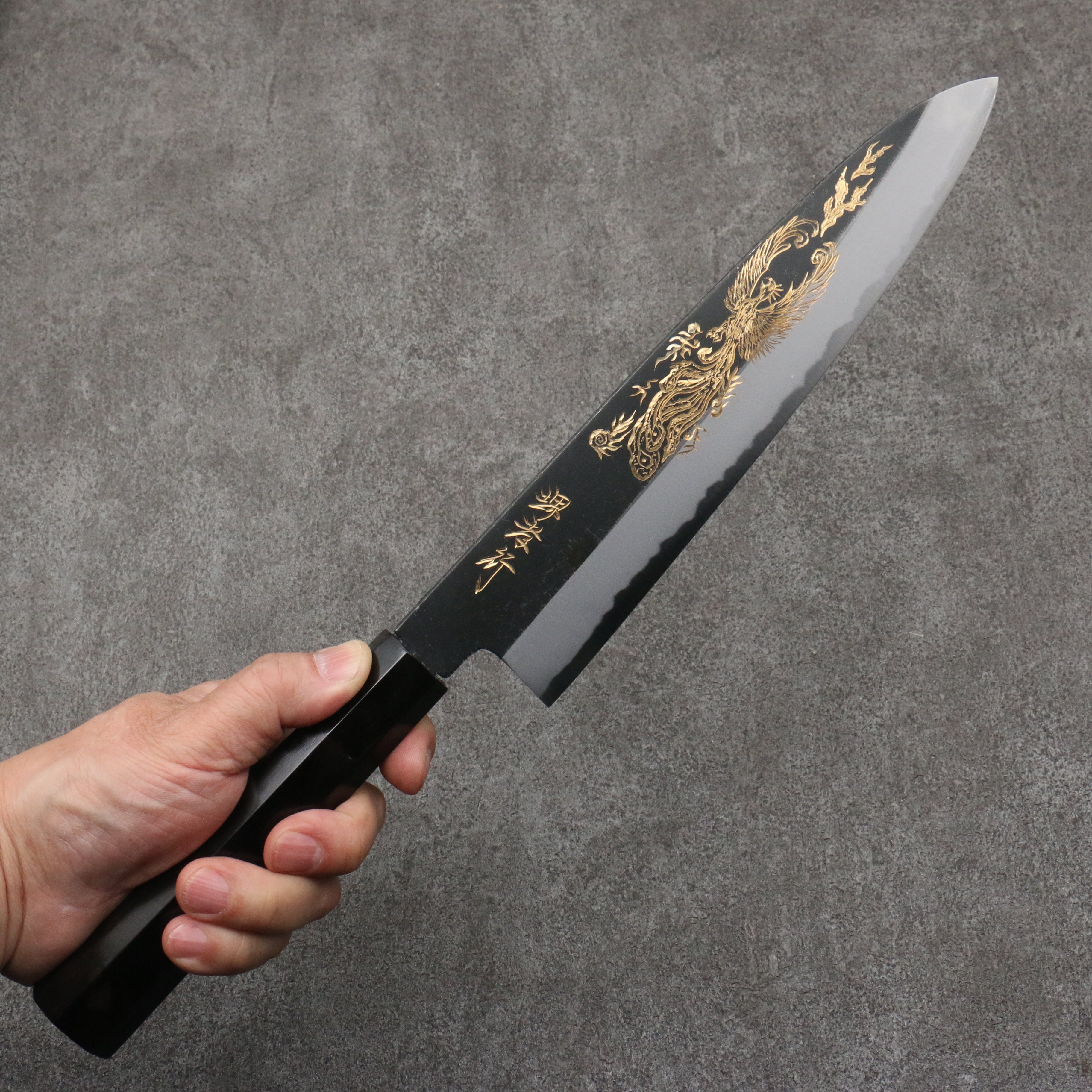 Sakai Takayuki Gold Filled Engraving by Kubota Houou White Steel No.2 Black Finished Gyuto 240mm Ebony Wood Handle - Japanny - Best Japanese Knife