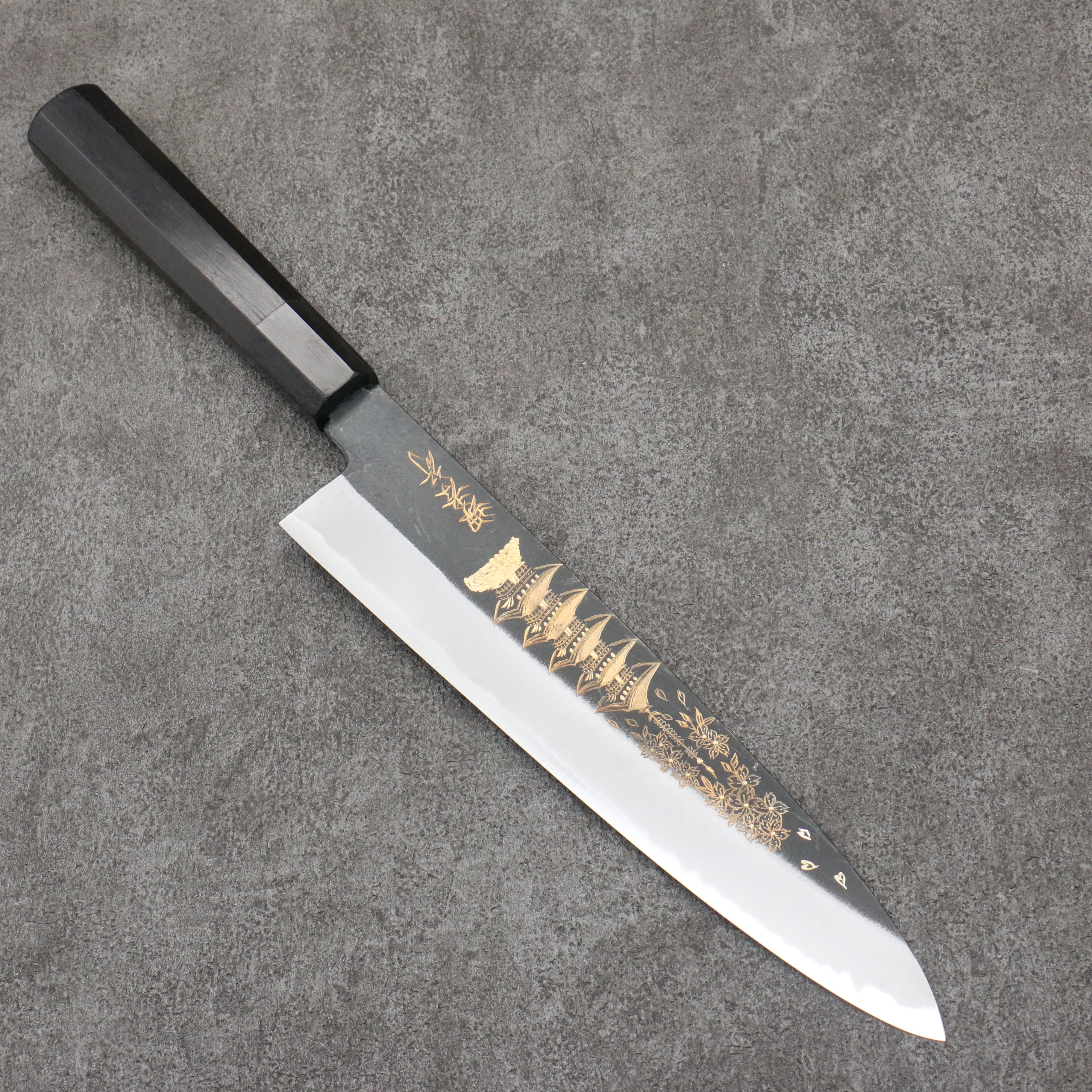 Sakai Takayuki Gold Filled Engraving by Kubota Gojunotou White Steel No.2 Black Finished Gyuto 240mm Ebony Wood Handle - Japanny - Best Japanese Knife