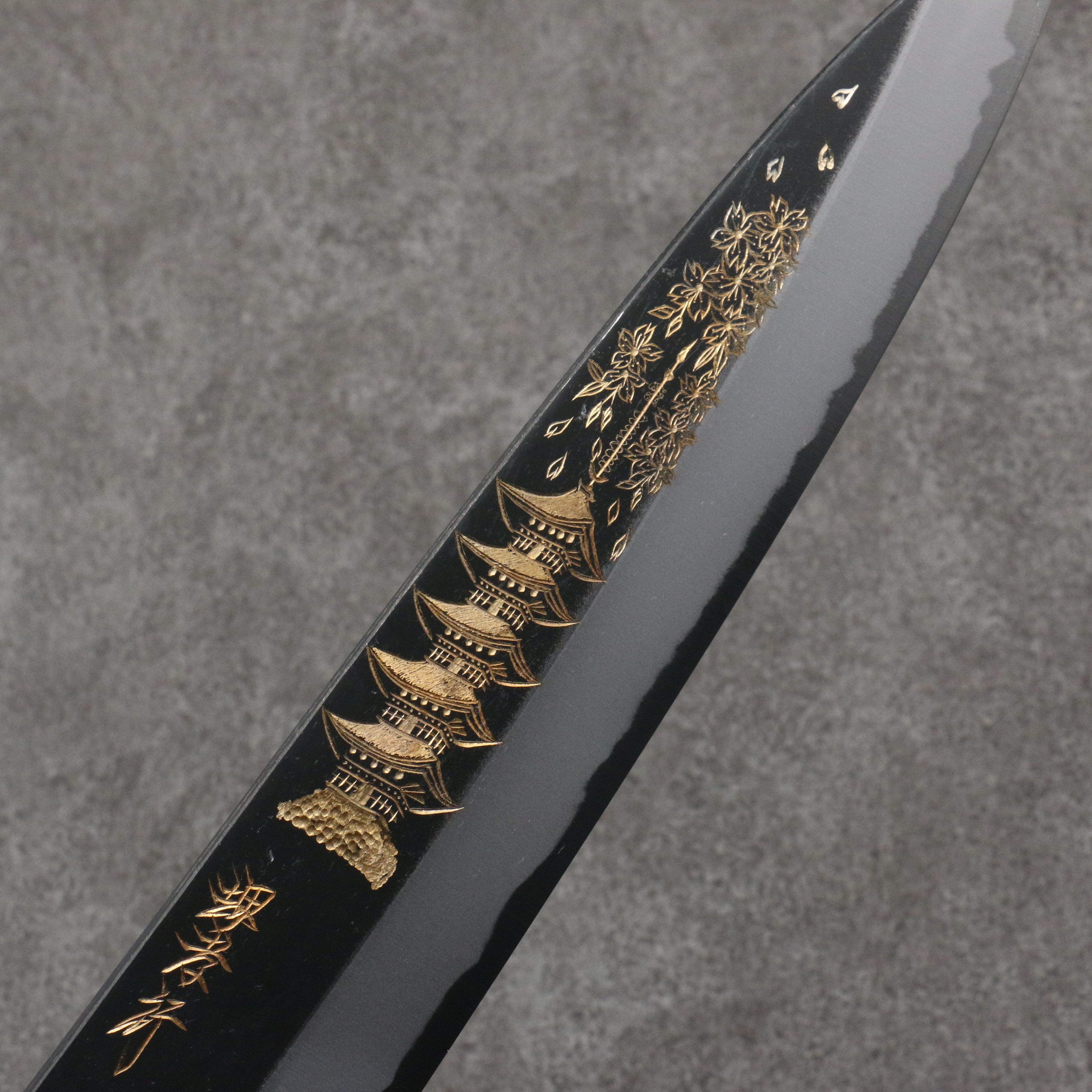 Sakai Takayuki Gold Filled Engraving by Kubota Gojunotou White Steel No.2 Black Finished Gyuto 240mm Ebony Wood Handle - Japanny - Best Japanese Knife