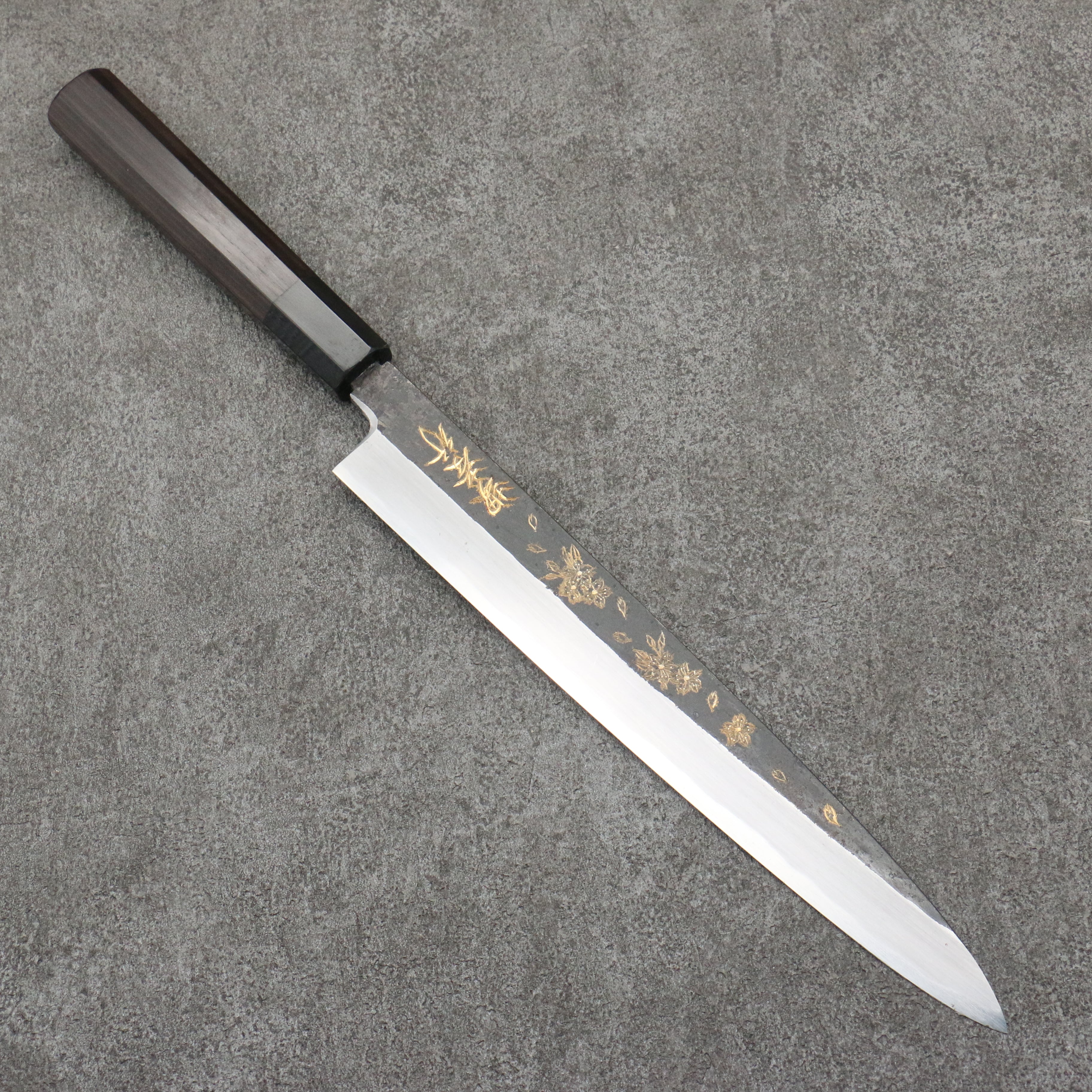 Sakai Takayuki Gold Filled Engraving by Kubota Sakura White Steel No.2 Black Finished Yanagiba 240mm Ebony Wood Handle - Japanny - Best Japanese Knife