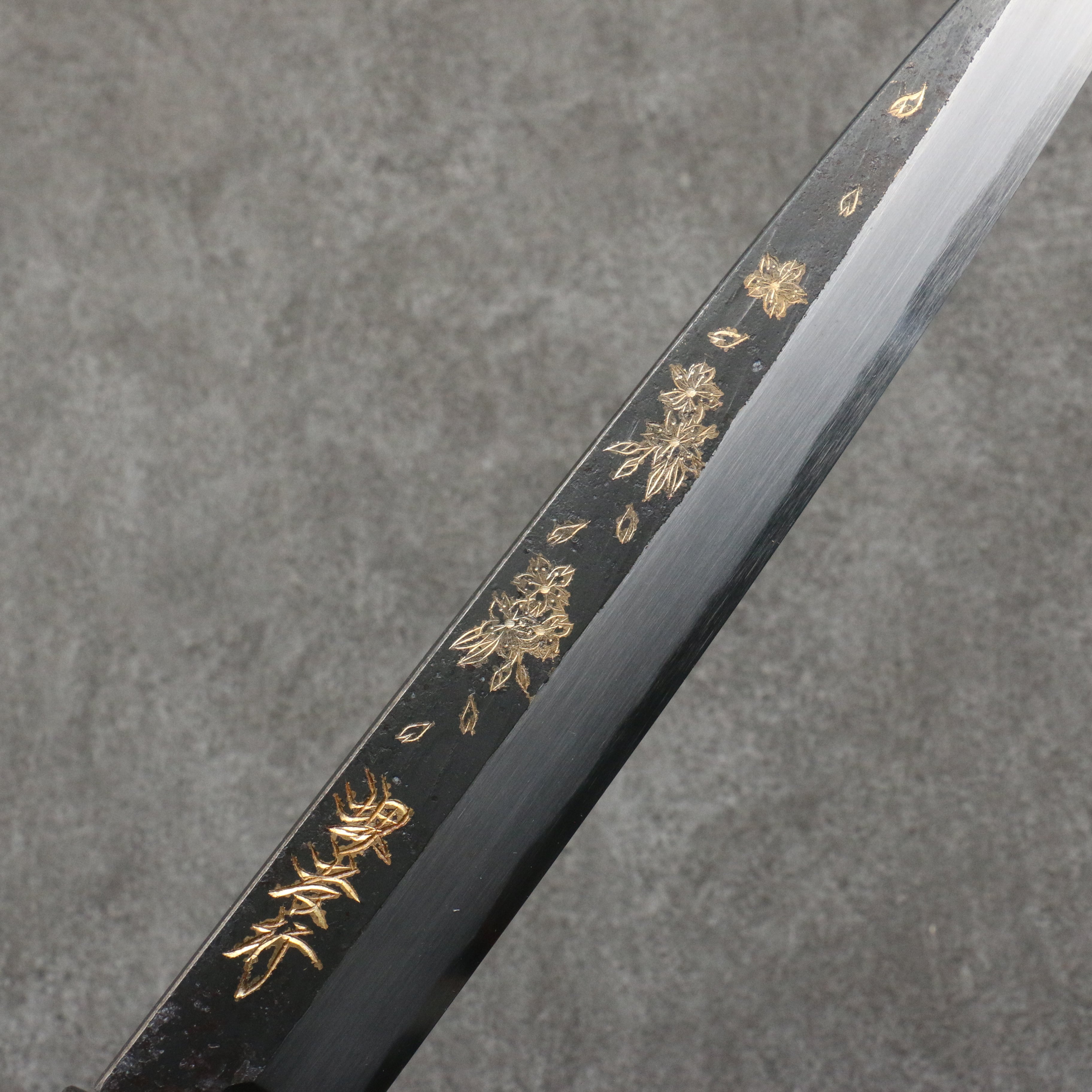 Sakai Takayuki Gold Filled Engraving by Kubota Sakura White Steel No.2 Black Finished Yanagiba 240mm Ebony Wood Handle - Japanny - Best Japanese Knife