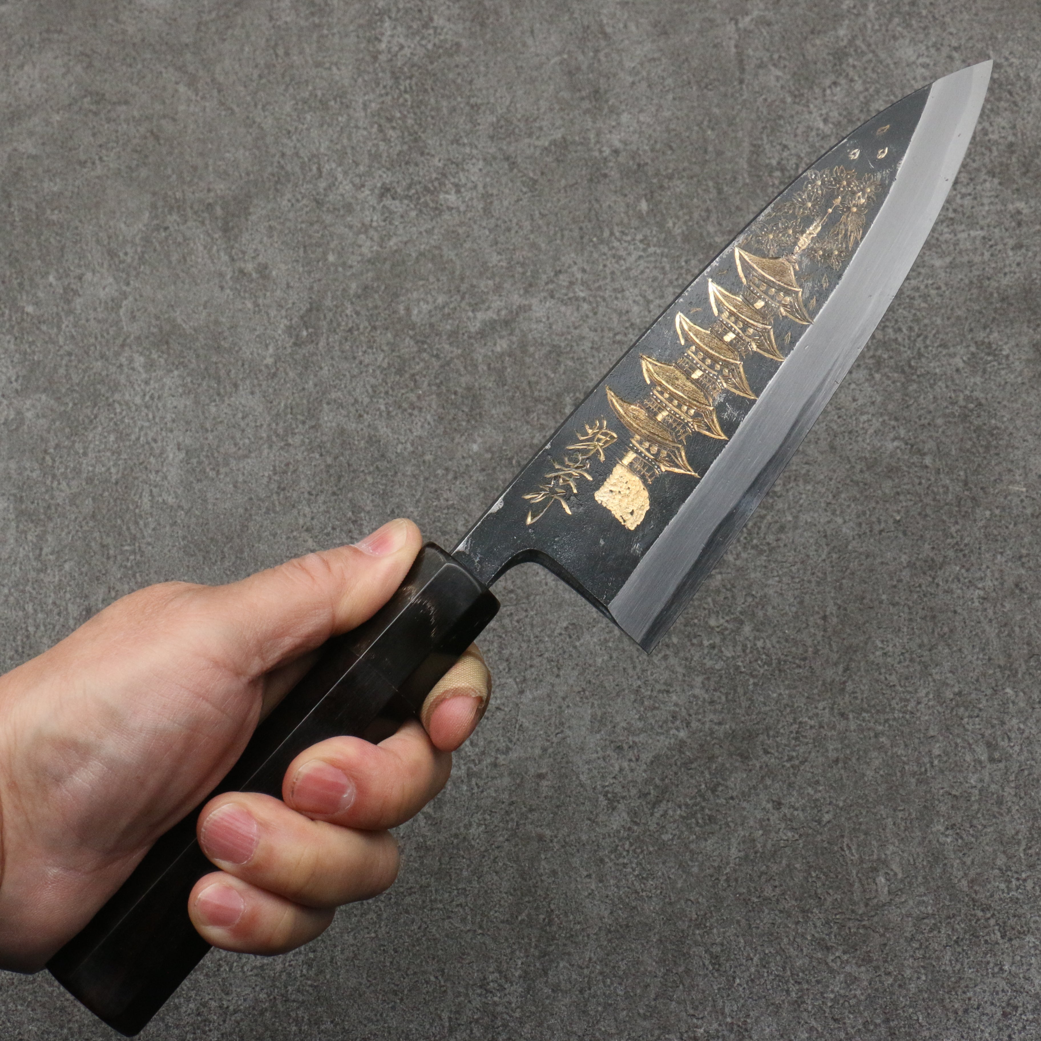 Sakai Takayuki Gold Filled Engraving by Kubota Gojunotou White Steel No.2 Black Finished Deba 165mm Ebony Wood Handle - Japanny - Best Japanese Knife