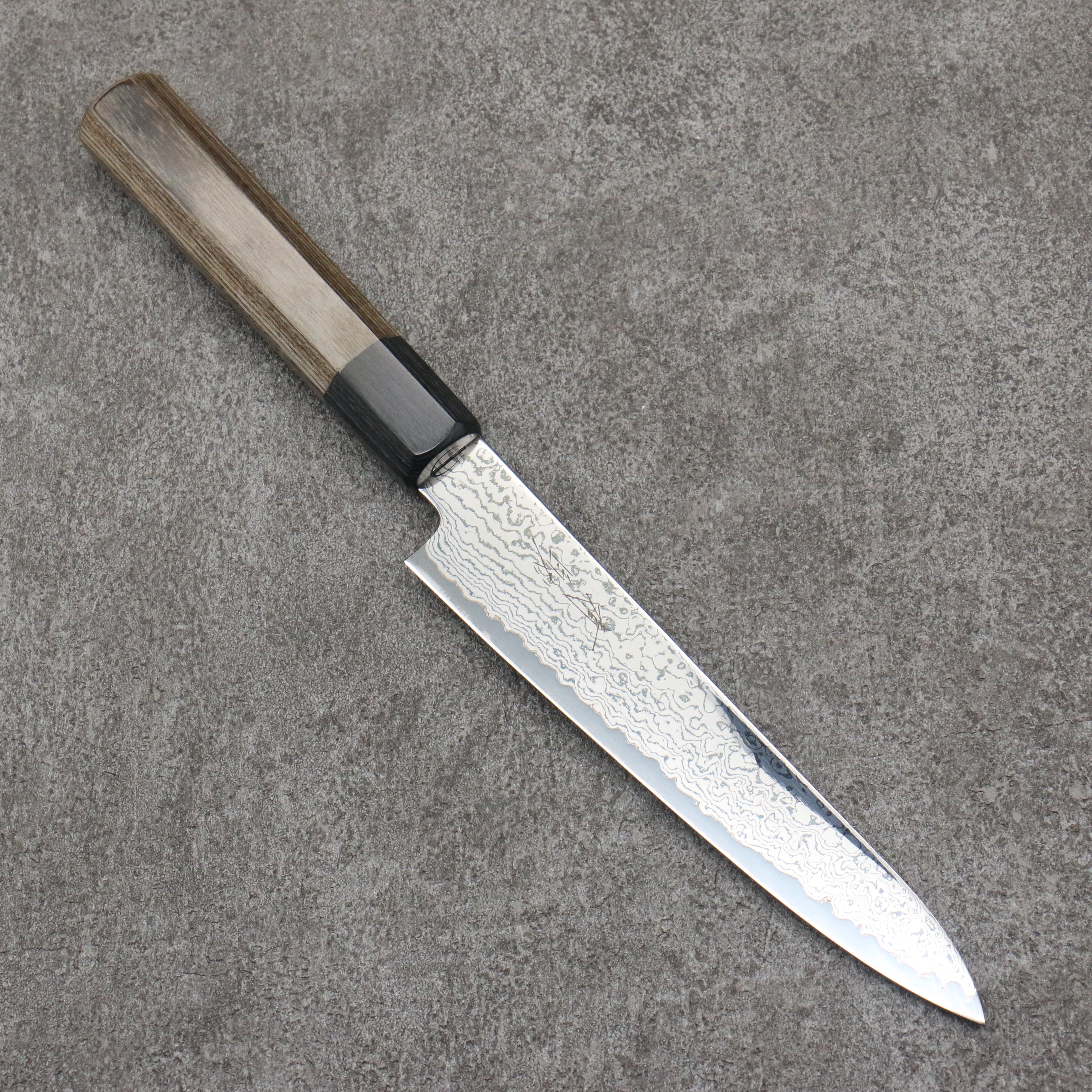 Seisuke VG10 Black Damascus Mirrored Finish Petty-Utility 150mm Gray Pakka wood Handle - Japanny - Best Japanese Knife