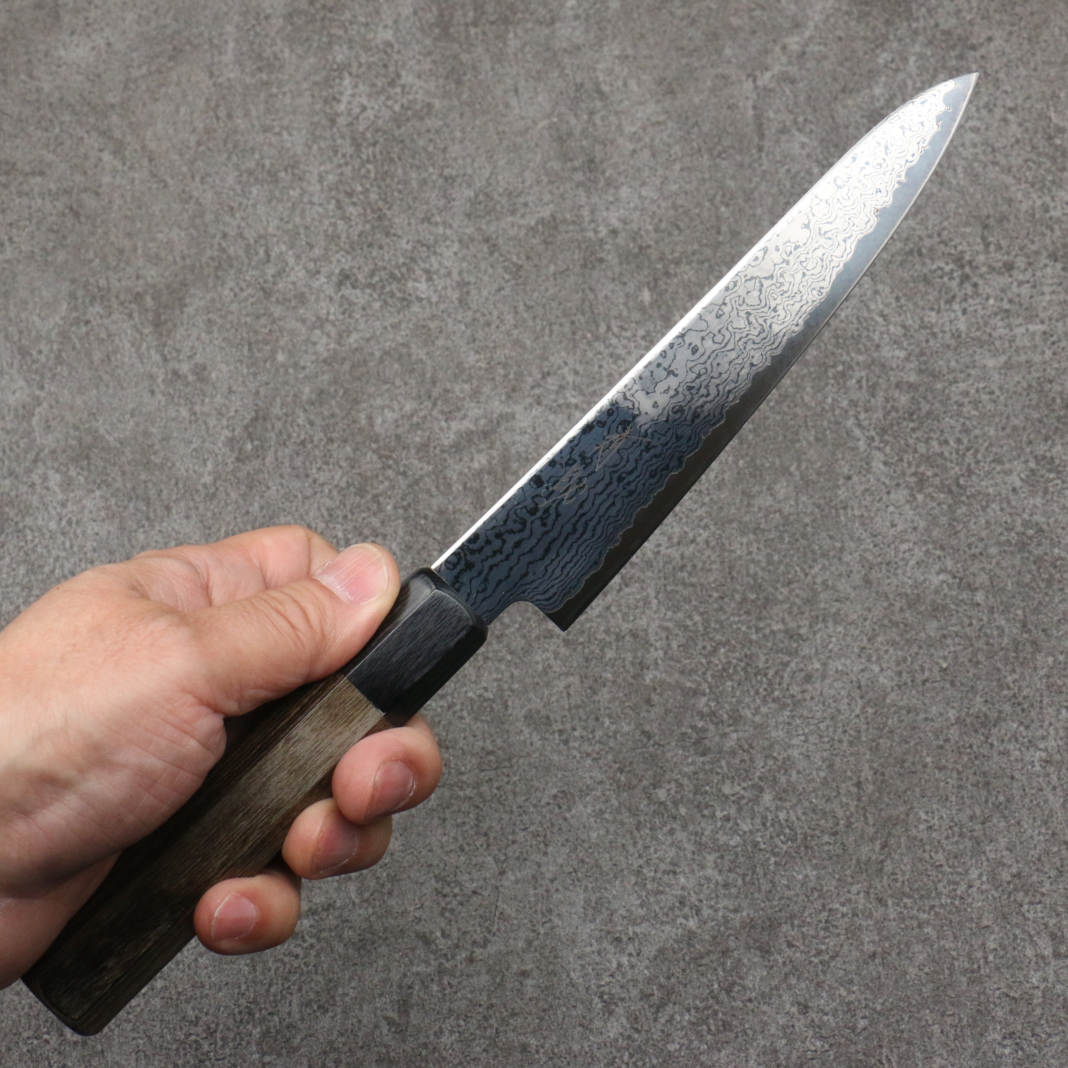 Seisuke VG10 Black Damascus Mirrored Finish Petty-Utility 150mm Gray Pakka wood Handle - Japanny - Best Japanese Knife