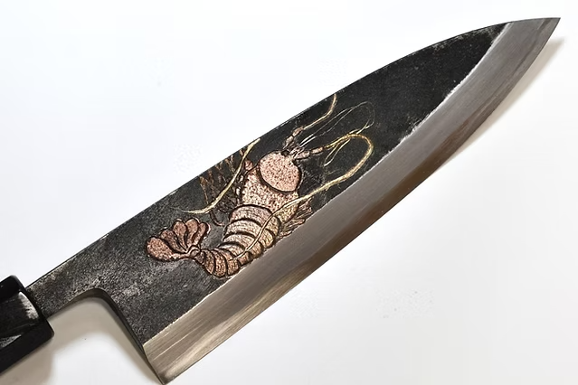 Sakai Takayuki Metal Decorated Engraving by Kubota Lobster White Steel No.2 Black Finished Deba 165mm Ebony Wood (ferrule: Black Water Buffalo Horn And Silver Ring) Handle