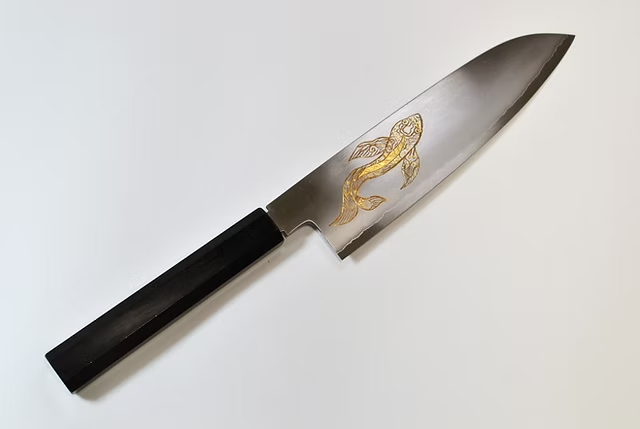 Sakai Takayuki Gold Filled Engraving by Kubota Goldfish Silver Steel No.3 Santoku 180mm Ebony Wood (ferrule: Black Water Buffalo Horn And Silver Ring) Handle