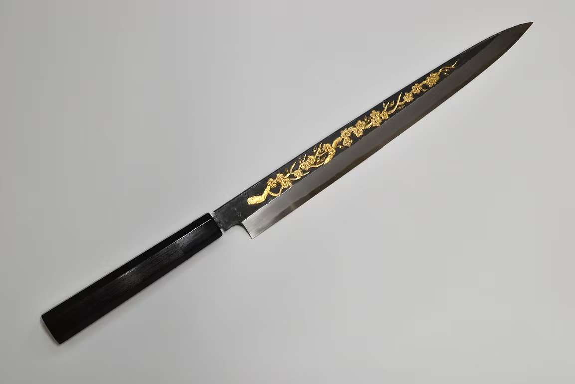 Sakai Takayuki Gold Filled Engraving by Kubota Plum White Steel No.2 Black Finished Yanagiba 270mm Ebony Wood (ferrule: Black Water Buffalo Horn And Silver Ring) Handle