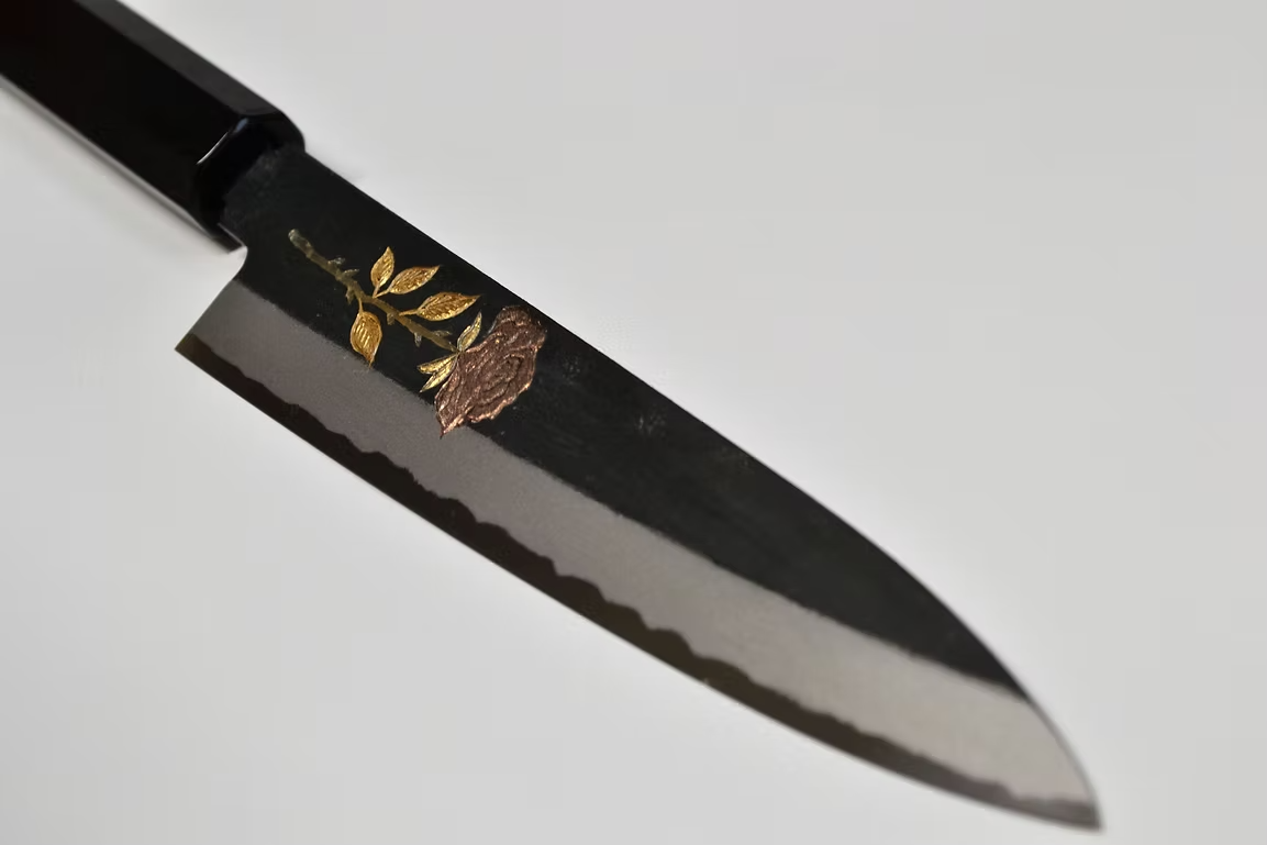 Sakai Takayuki Metal Decorated Engraving by Kubota Rose White Steel No.2 Black Finished Petty-Utility 150mm Ebony Wood (ferrule: Black Water Buffalo Horn And Silver Ring) Handle