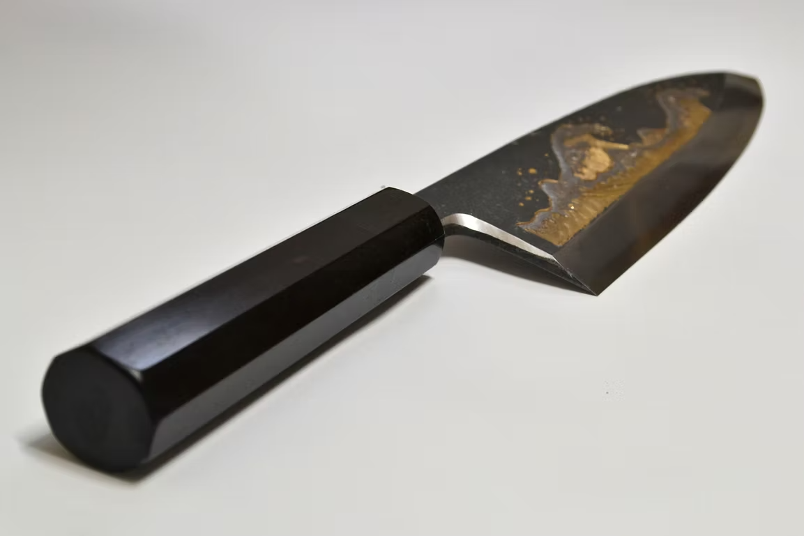 Sakai Takayuki Gold Filled Engraving by Kubota The Great Wave White Steel No.2 Black Finished Deba 240mm Ebony Wood (ferrule: Black Water Buffalo Horn And Silver Ring) Handle