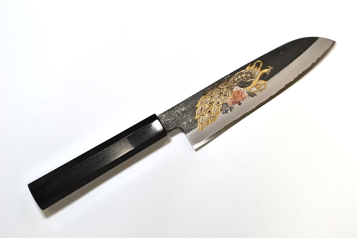 Sakai Takayuki Metal Decorated Engraving by Kubota Peacock White Steel No.2 Black Finished Santoku 180mm Ebony Wood (ferrule: Black Water Buffalo Horn And Silver Ring) Handle