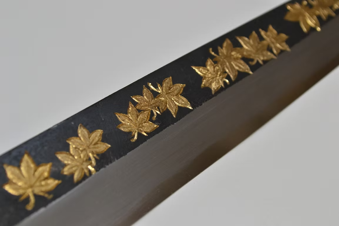 Sakai Takayuki Gold Filled Engraving by Kubota Maple White Steel No.2 Black Finished Yanagiba 270mm Ebony Wood (ferrule: Black Water Buffalo Horn And Silver Ring) Handle