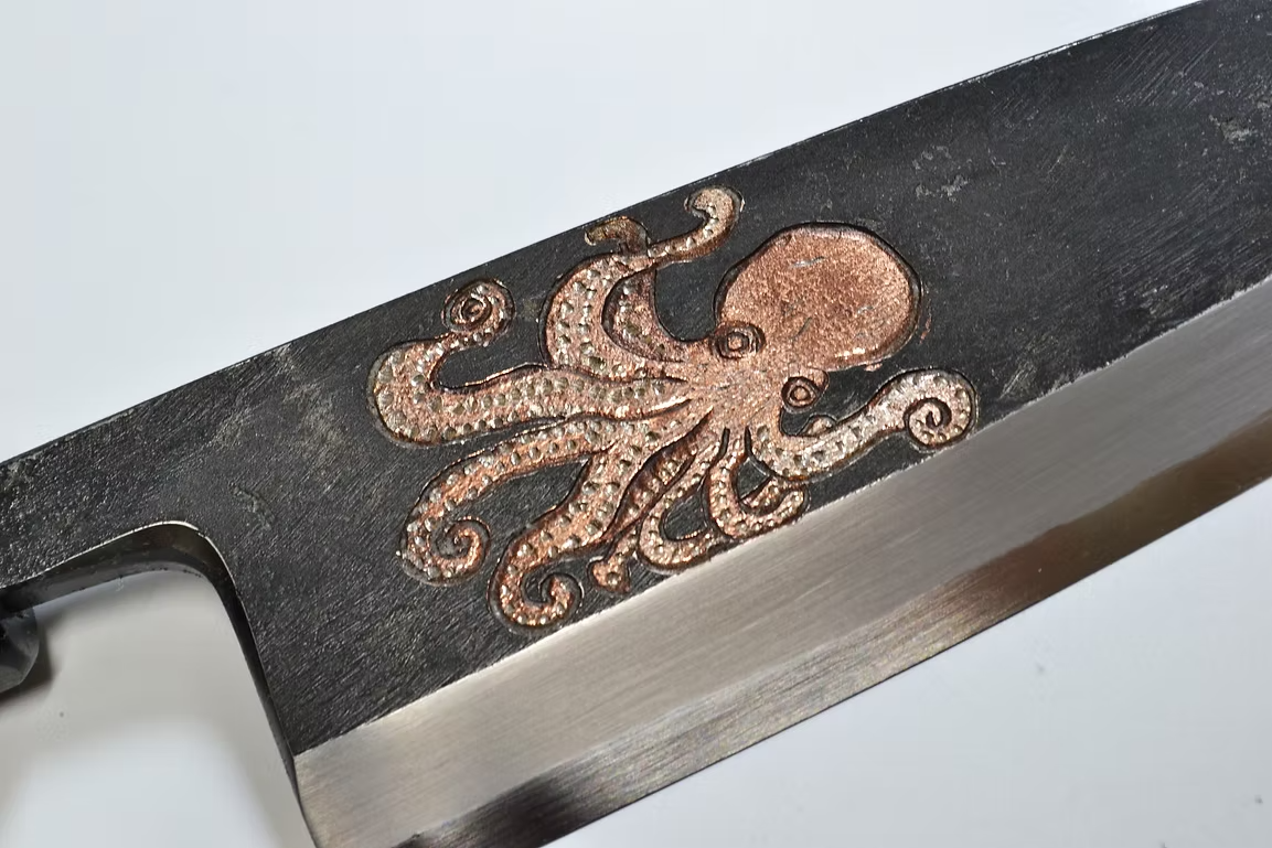 Sakai Takayuki Metal Decorated Engraving by Kubota Octopus White Steel No.2 Black Finished Deba 165mm Ebony Wood (ferrule: Black Water Buffalo Horn And Silver Ring) Handle