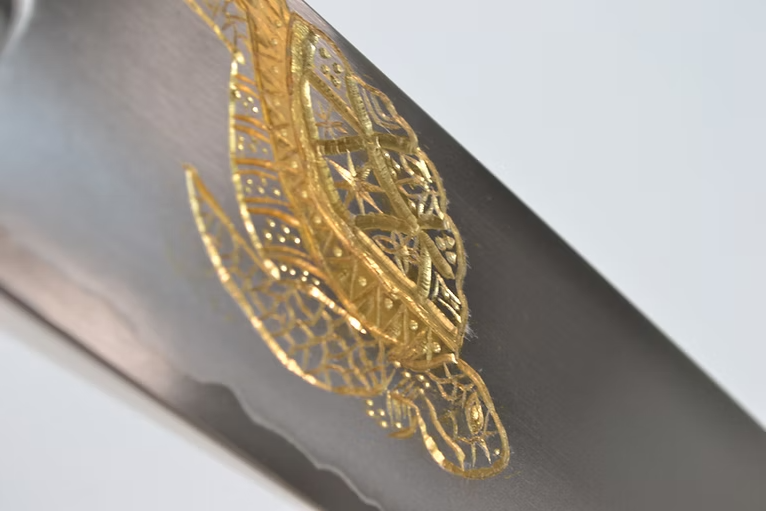 Sakai Takayuki Gold Filled Engraving by Kubota Turtle Silver Steel No.3 Santoku 180mm Ebony Wood (ferrule: Black Water Buffalo Horn And Silver Ring) Handle