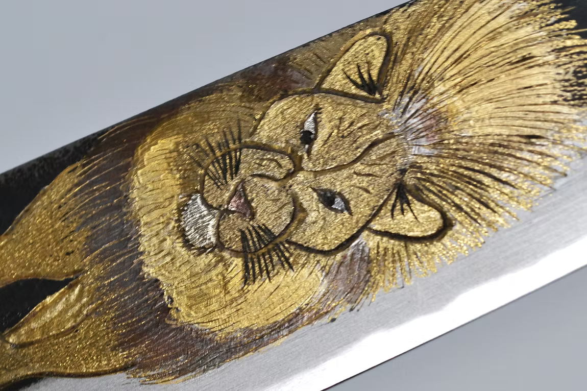 Sakai Takayuki Metal Decorated Engraving by Kubota King of the Beasts White Steel No.2 Black Finished Gyuto 240mm Ebony Wood (ferrule: Black Water Buffalo Horn And Silver Ring) Handle