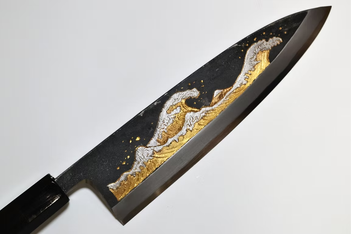 Sakai Takayuki Gold Filled Engraving by Kubota The Great Wave White Steel No.2 Black Finished Deba 240mm Ebony Wood (ferrule: Black Water Buffalo Horn And Silver Ring) Handle