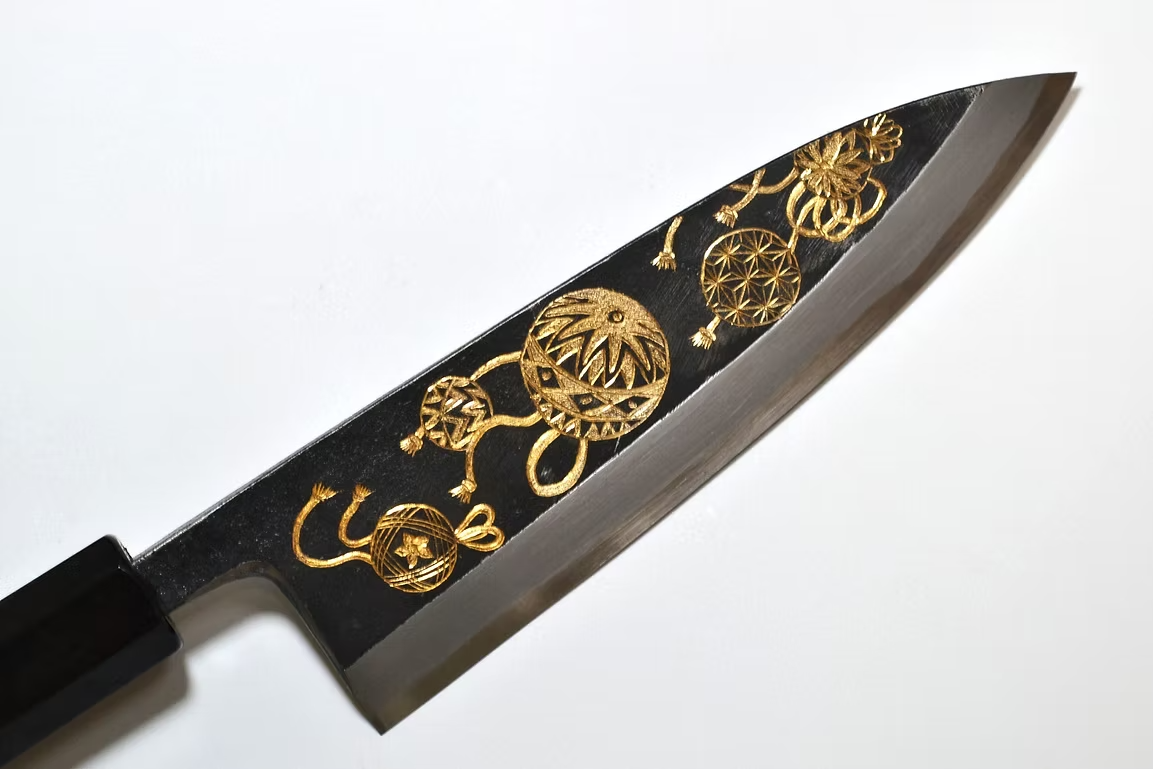 Sakai Takayuki Gold Filled Engraving by Kubota Temari White Steel No.2 Black Finished Deba 165mm Ebony Wood (ferrule: Black Water Buffalo Horn And Silver Ring) Handle
