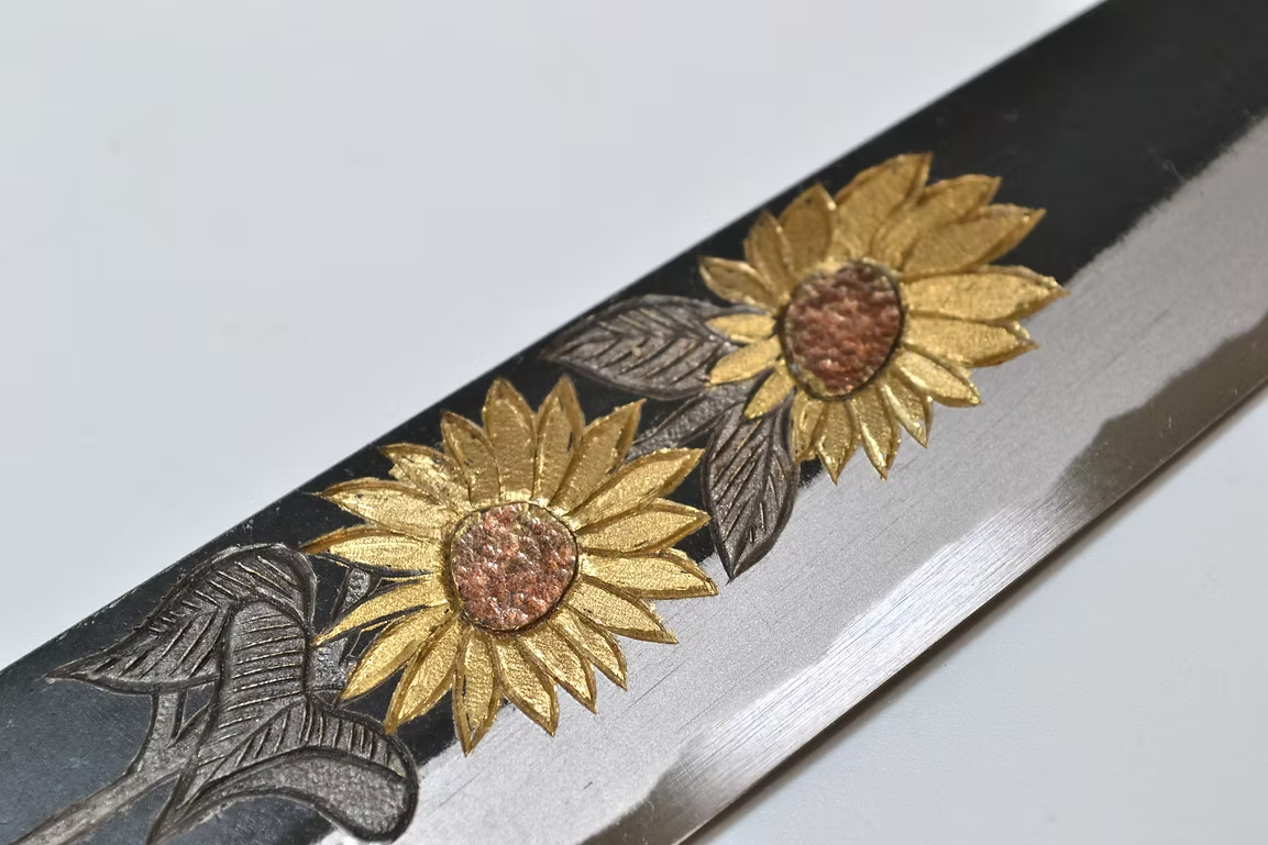 Sakai Takayuki Metal Decorated Engraving by Kubota Sunflower White Steel No.2 Black Finished Petty-Utility 150mm Ebony Wood (ferrule: Black Water Buffalo Horn And Silver Ring) Handle