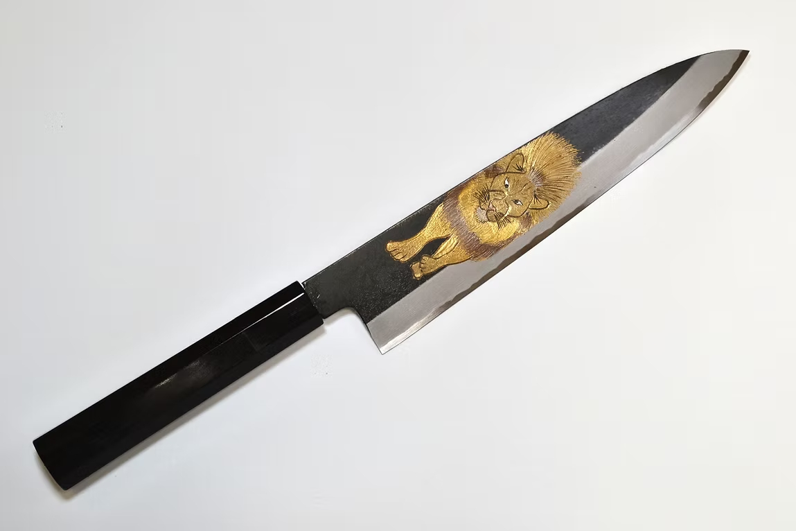 Sakai Takayuki Metal Decorated Engraving by Kubota King of the Beasts White Steel No.2 Black Finished Gyuto 240mm Ebony Wood (ferrule: Black Water Buffalo Horn And Silver Ring) Handle
