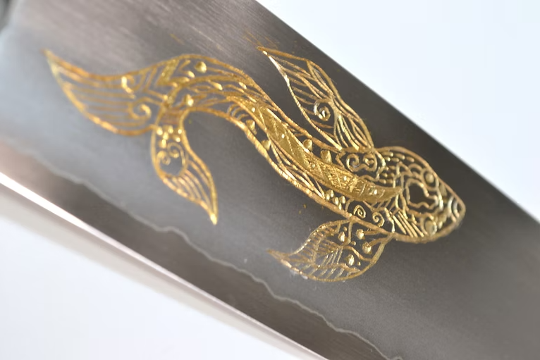 Sakai Takayuki Gold Filled Engraving by Kubota Goldfish Silver Steel No.3 Santoku 180mm Ebony Wood (ferrule: Black Water Buffalo Horn And Silver Ring) Handle