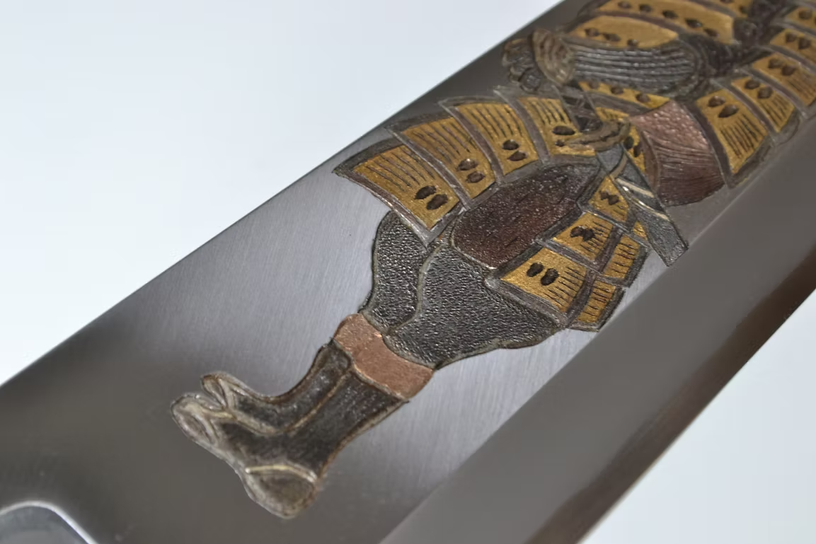 Sakai Takayuki Metal Decorated Engraving by Kubota Fūrinkazan White Steel Kasumitogi Deba 300mm Magnolia (Ferrule: Water Buffalo Horn) Handle